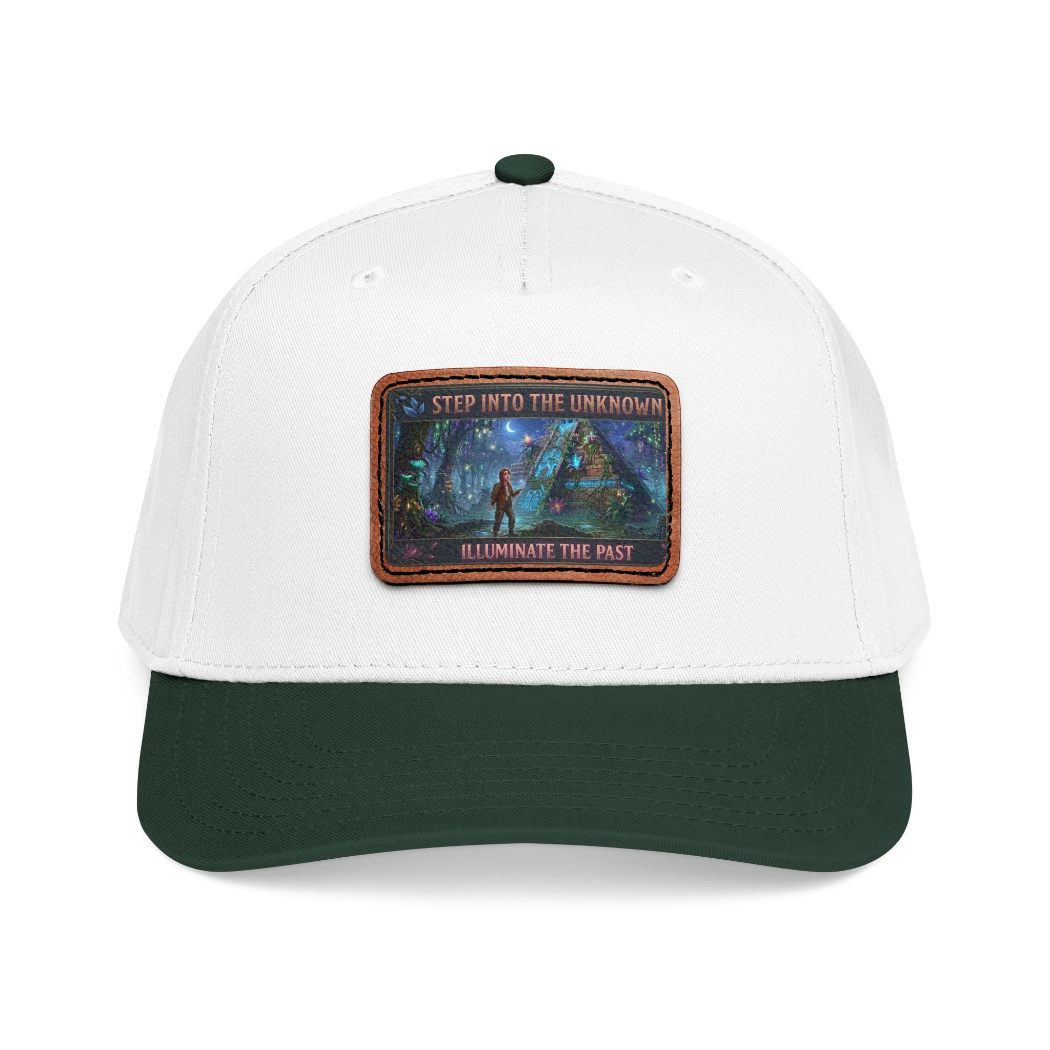 Leather Patch Baseball Cap — "Step Into the Unknown, Illuminate the Past" Forest Adventure Design