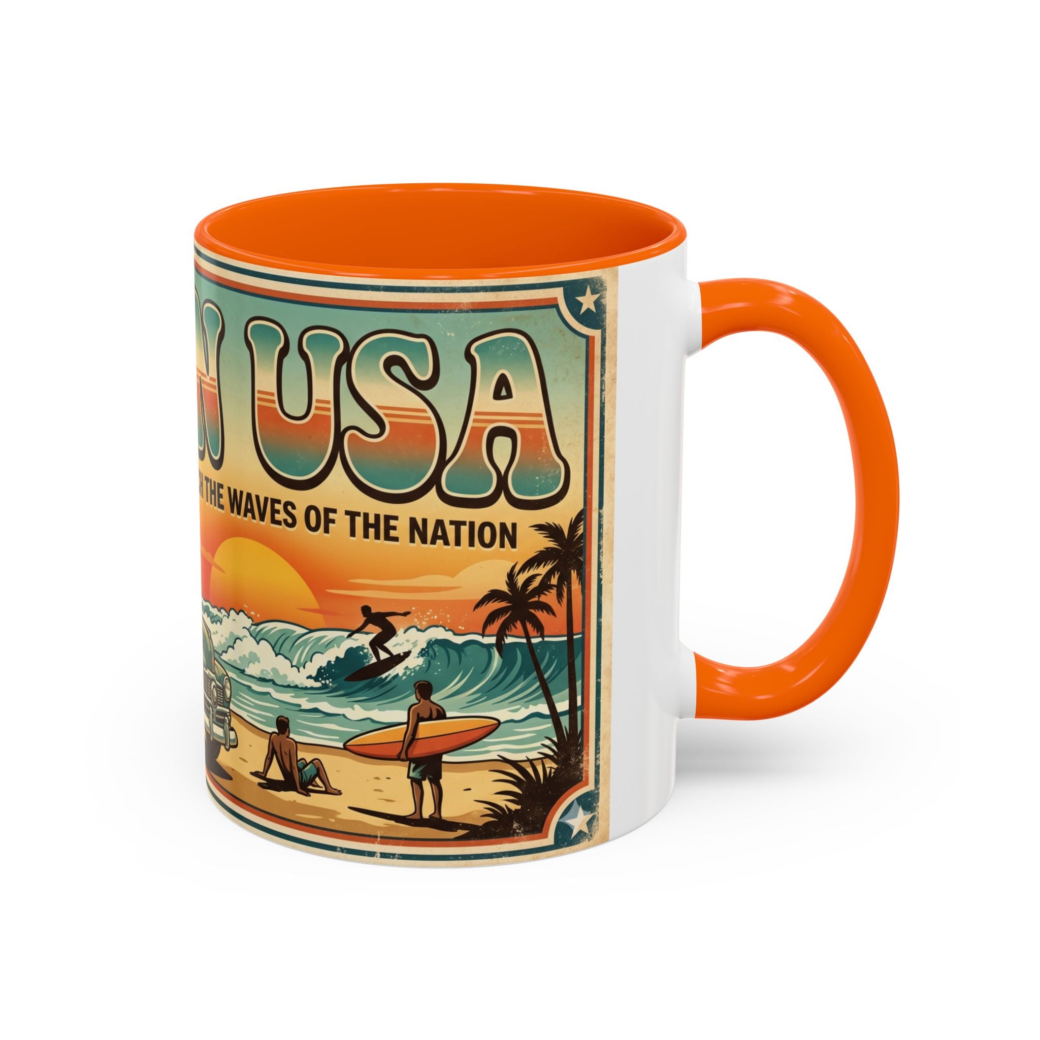 Surfing USA Coffee Mug — Retro Beach Vintage Surfboard Sunset Design