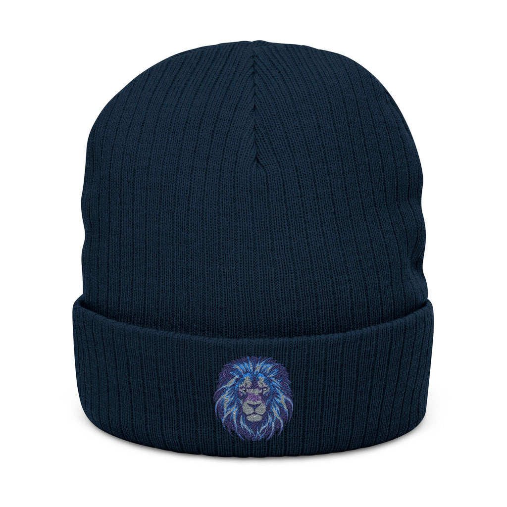 Embroidered Blue Lion Ribbed Beanie — Warm Knit Hat for Men & Women