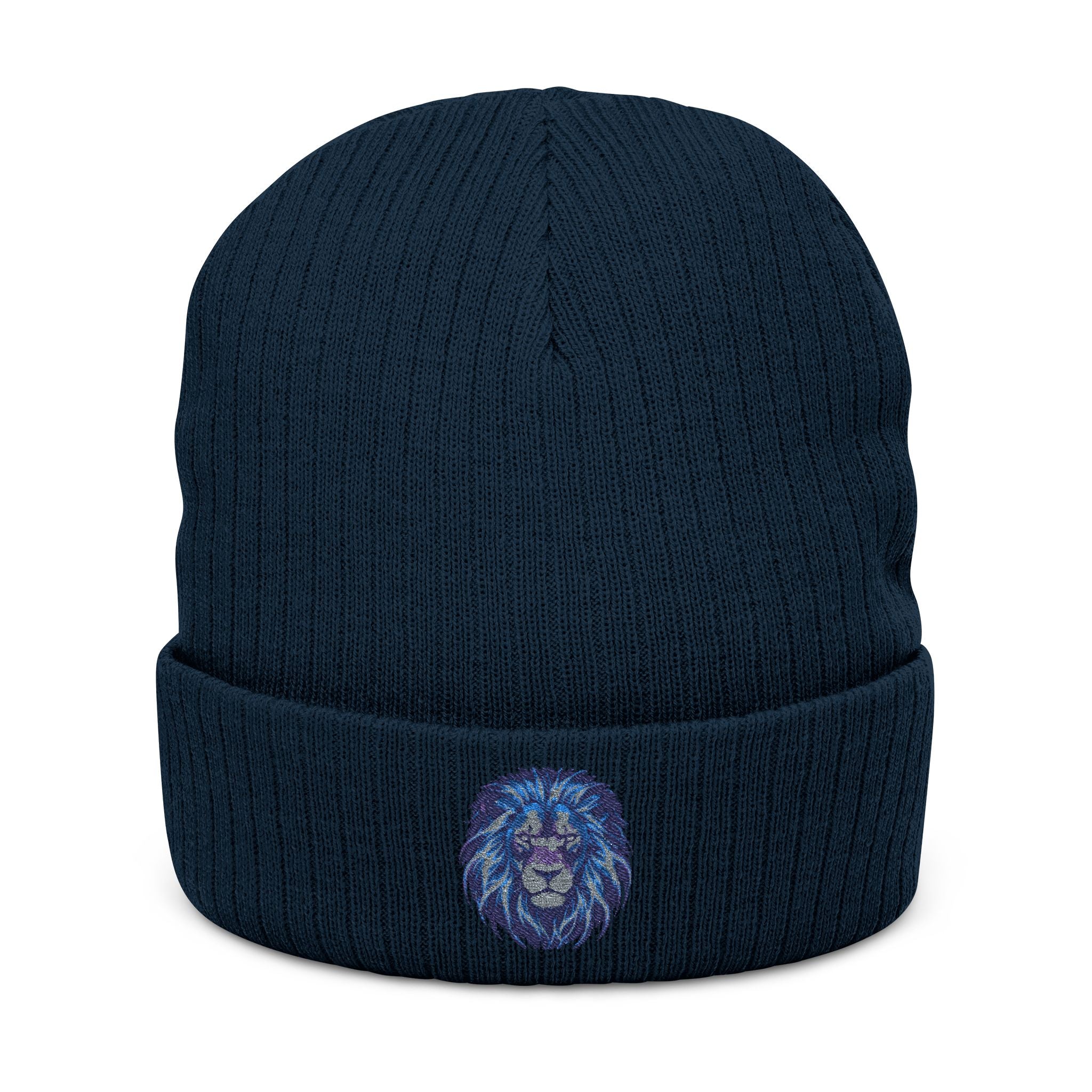 Embroidered Blue Lion Ribbed Beanie — Warm Knit Hat for Men & Women
