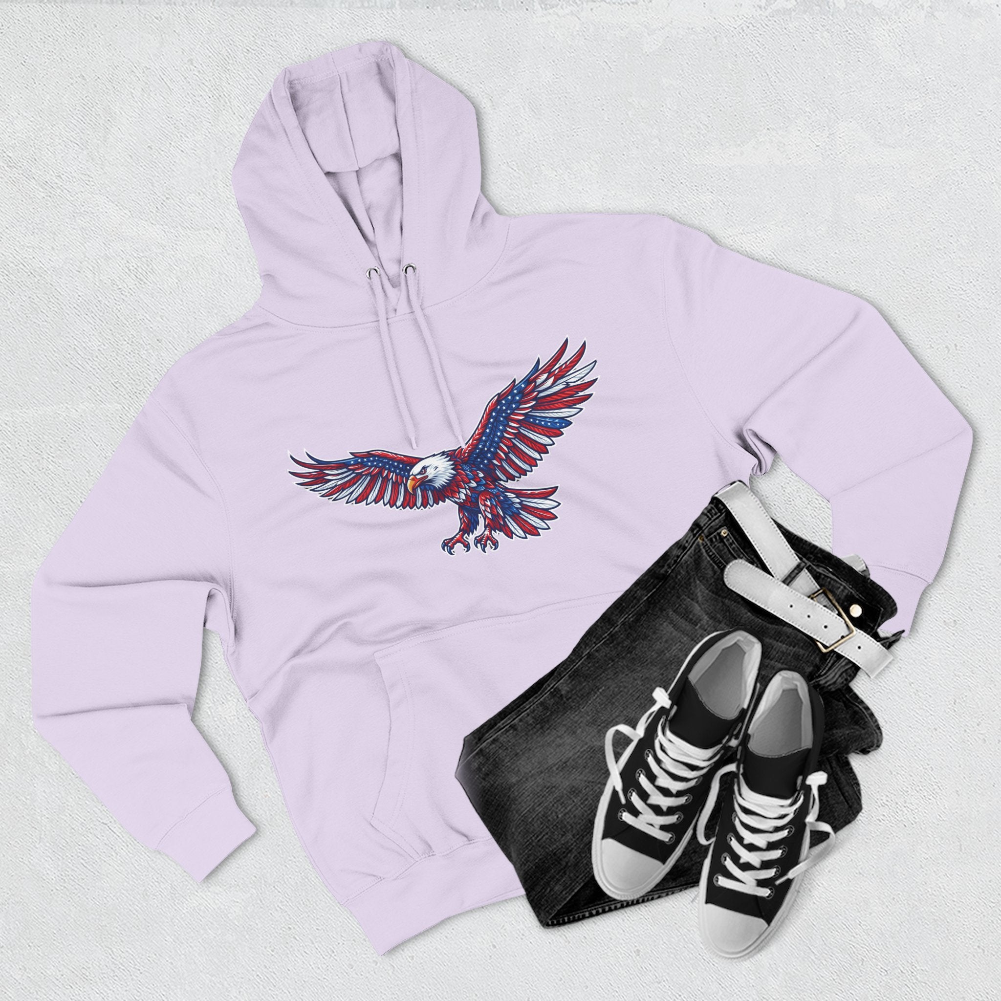 Eagle Flight Hoodie — Patriotic Red & Blue Soaring Eagle Graphic