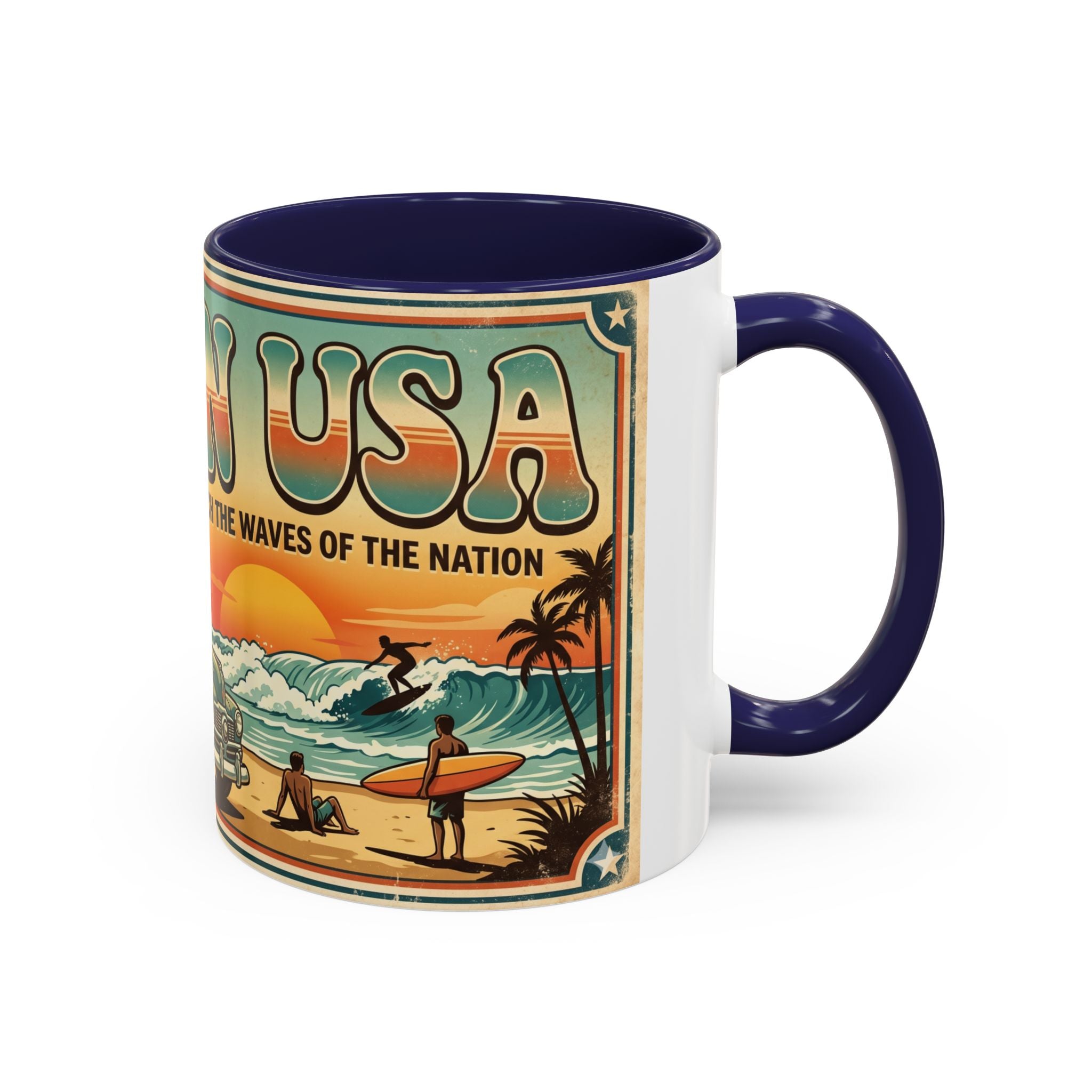 Surfing USA Coffee Mug — Retro Beach Vintage Surfboard Sunset Design