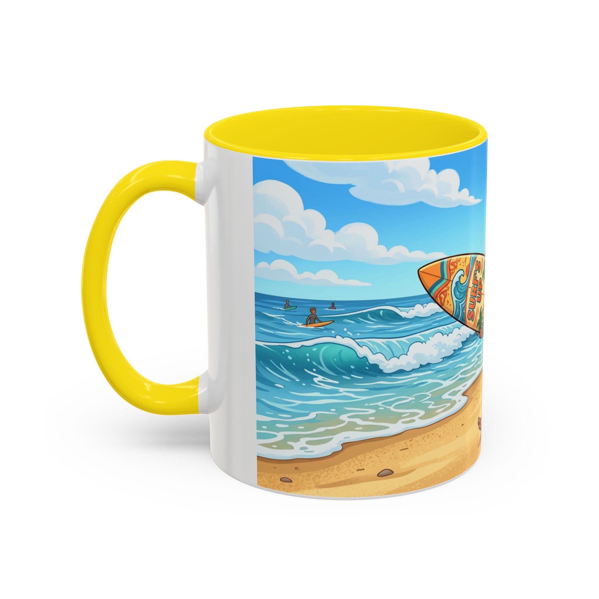 Surf Beach Coffee Mug — Cute Surfer Cartoon Design, 11/15oz Accent Mug