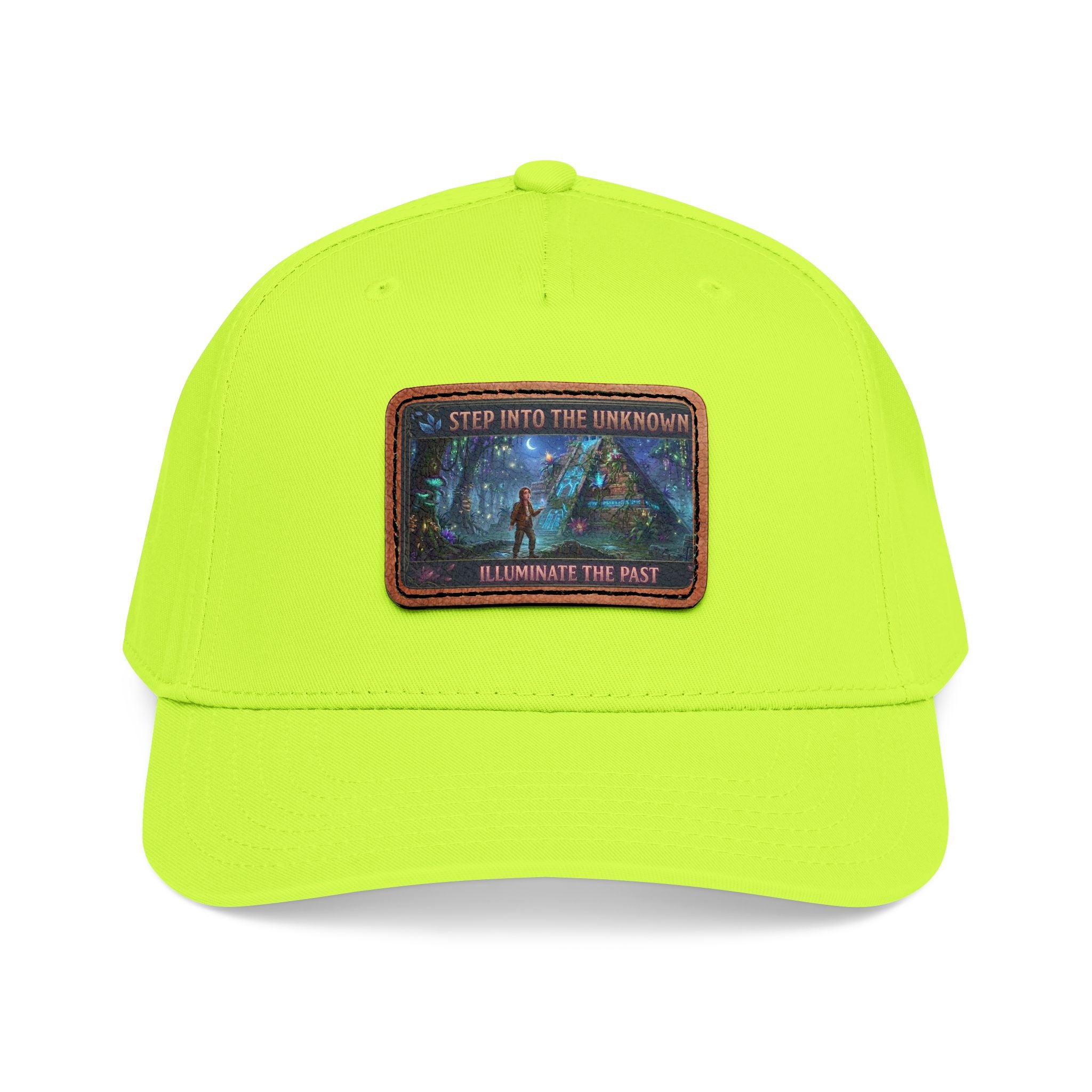 Leather Patch Baseball Cap — "Step Into the Unknown, Illuminate the Past" Forest Adventure Design