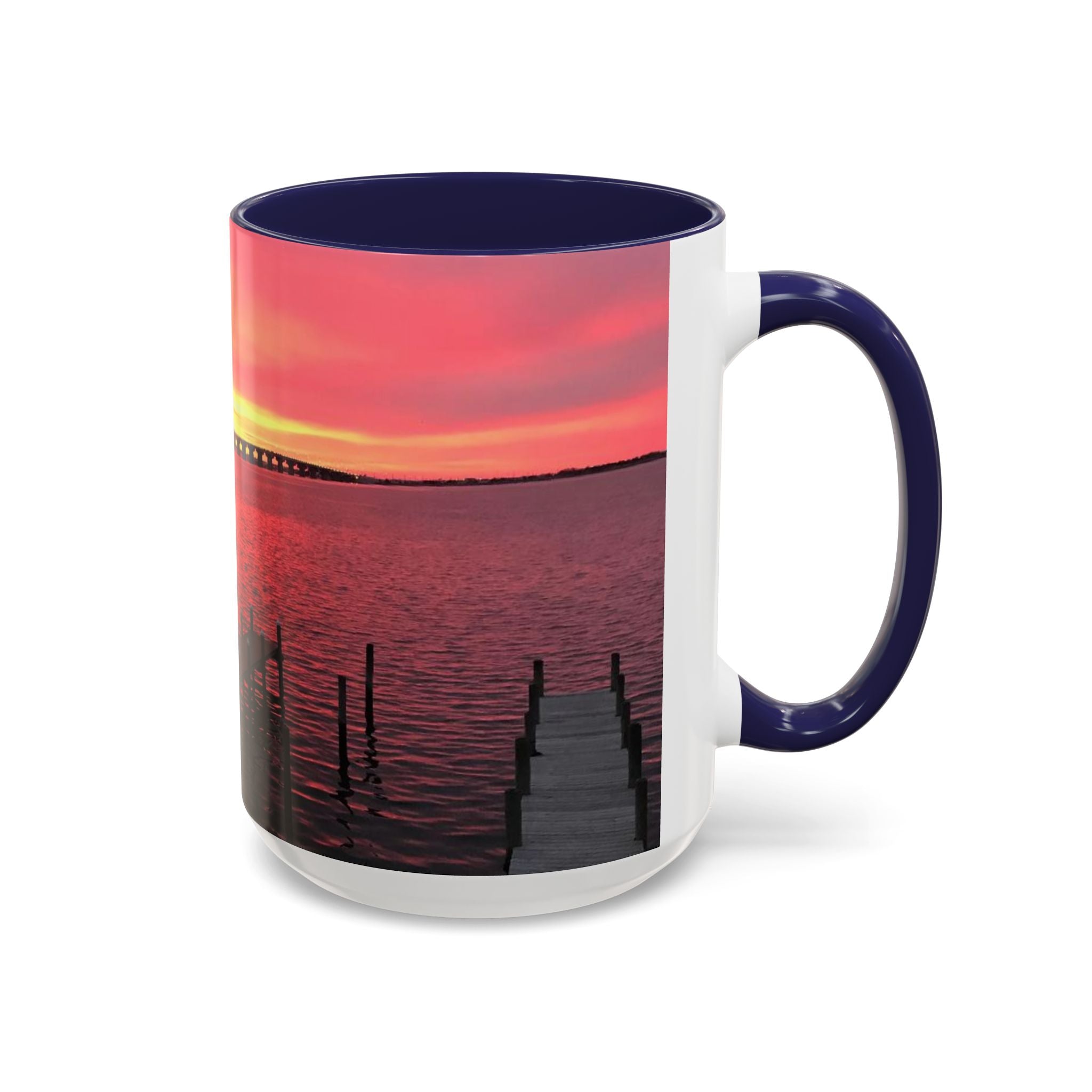 Sunset Harbor Accent Coffee Mug — Pink Sunrise Dock Scene (11/15oz)