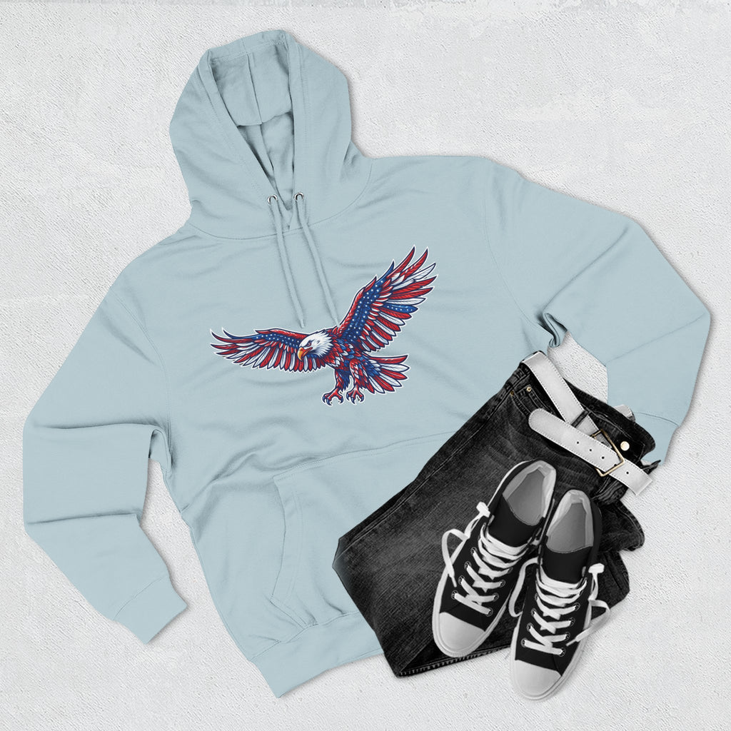 Eagle Flight Hoodie — Patriotic Red & Blue Soaring Eagle Graphic