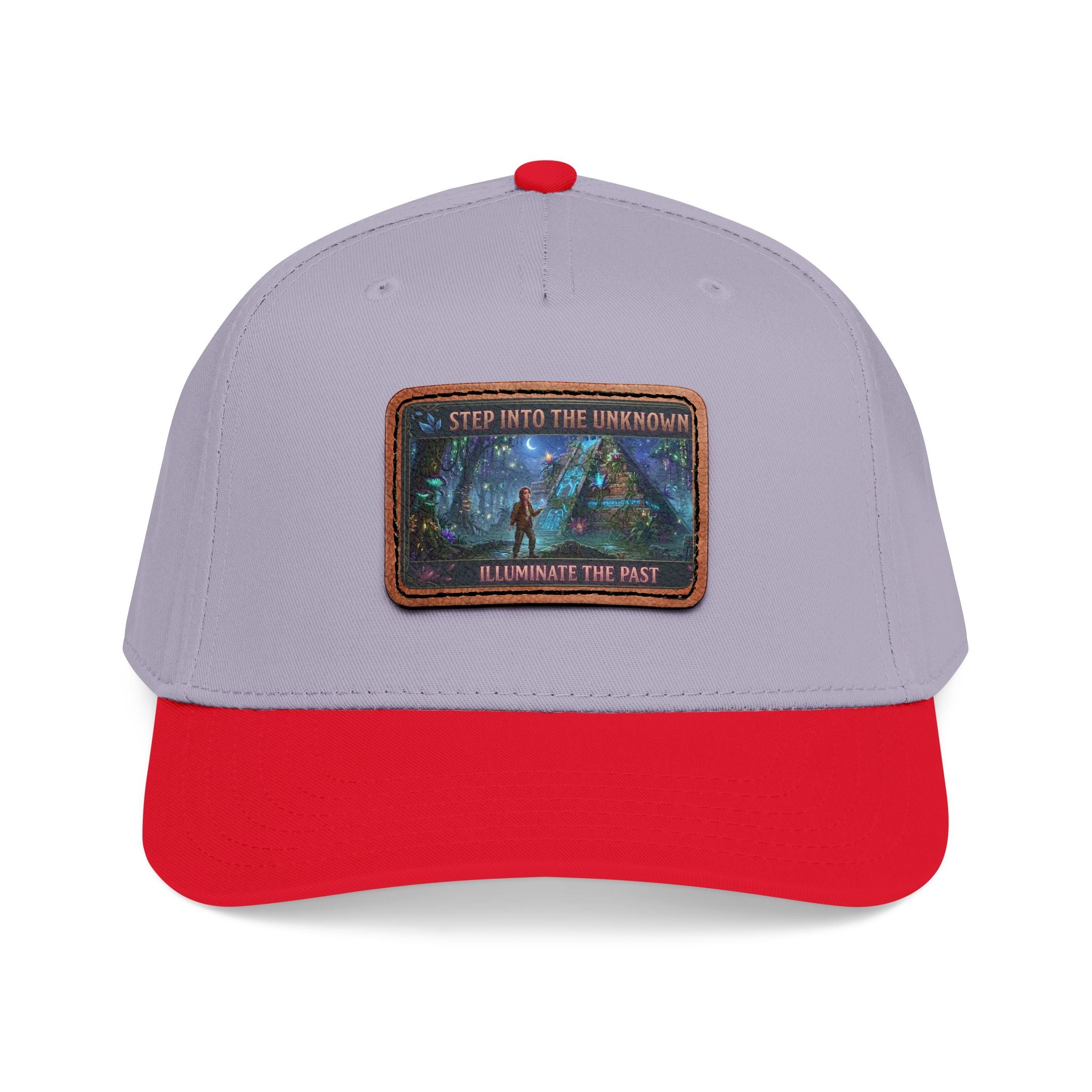 Leather Patch Baseball Cap — "Step Into the Unknown, Illuminate the Past" Forest Adventure Design