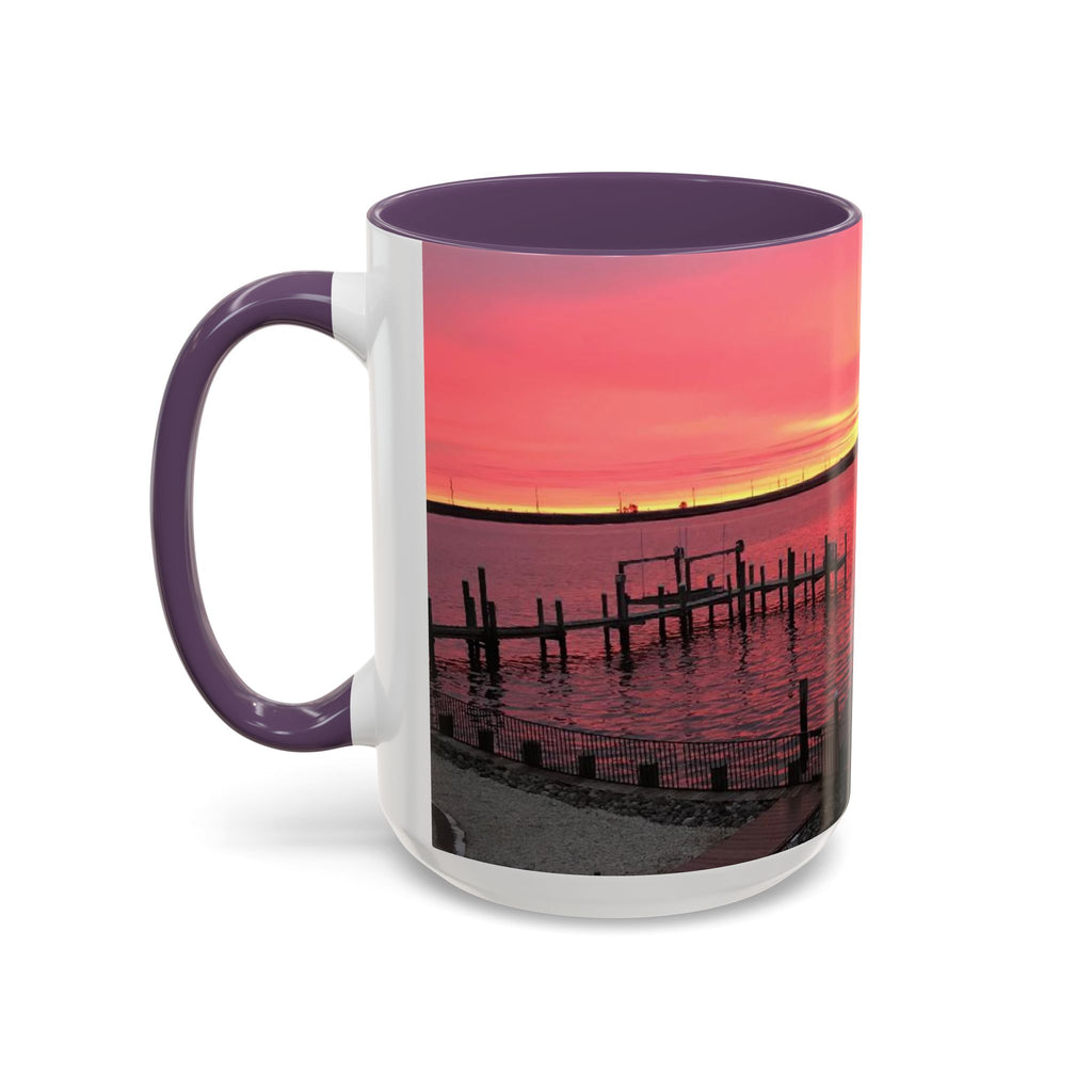 Sunset Harbor Accent Coffee Mug — Pink Sunrise Dock Scene (11/15oz)