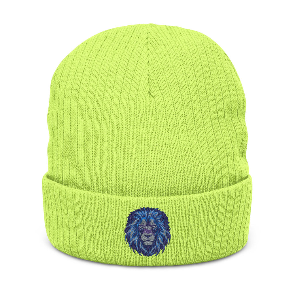 Embroidered Blue Lion Ribbed Beanie — Warm Knit Hat for Men & Women