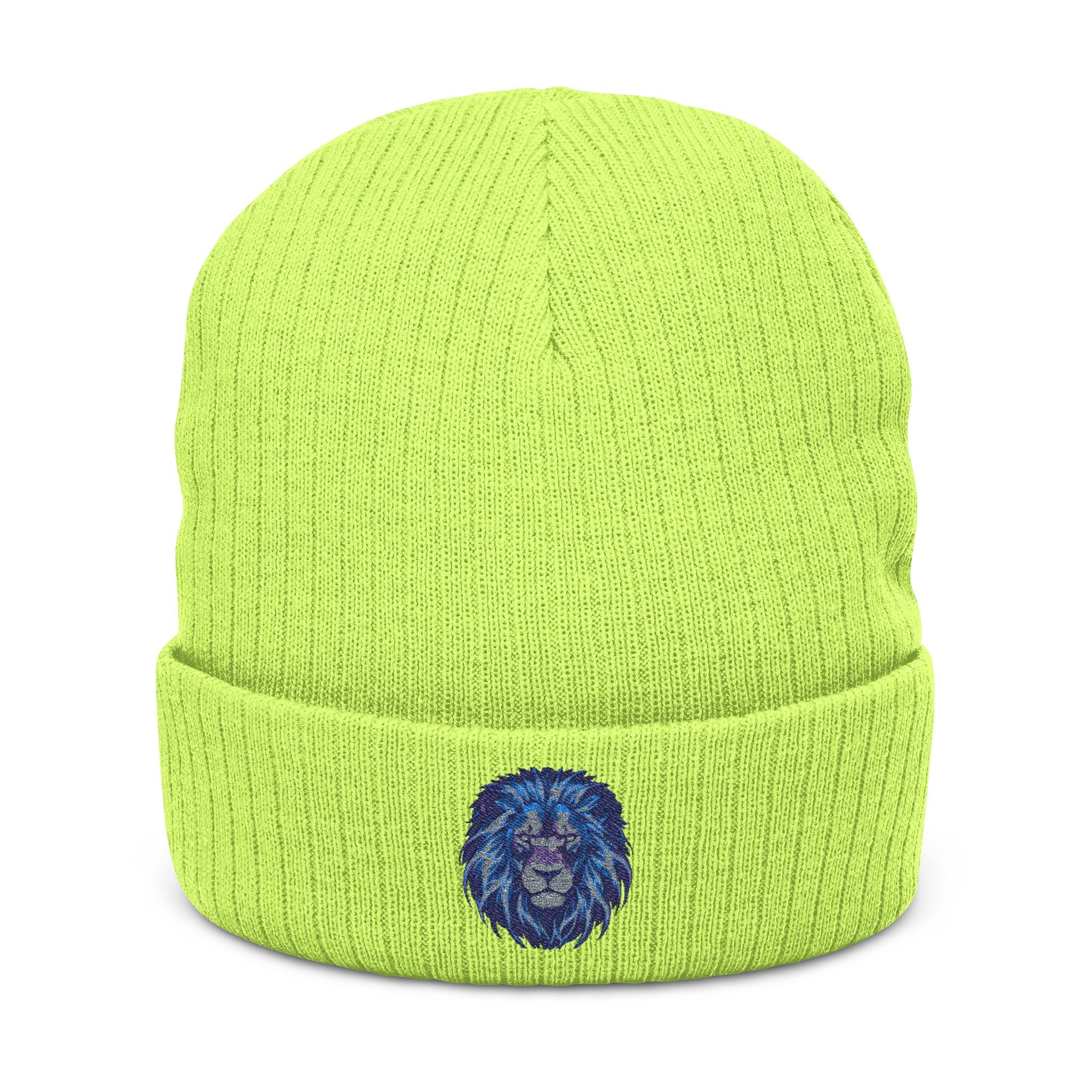 Embroidered Blue Lion Ribbed Beanie — Warm Knit Hat for Men & Women