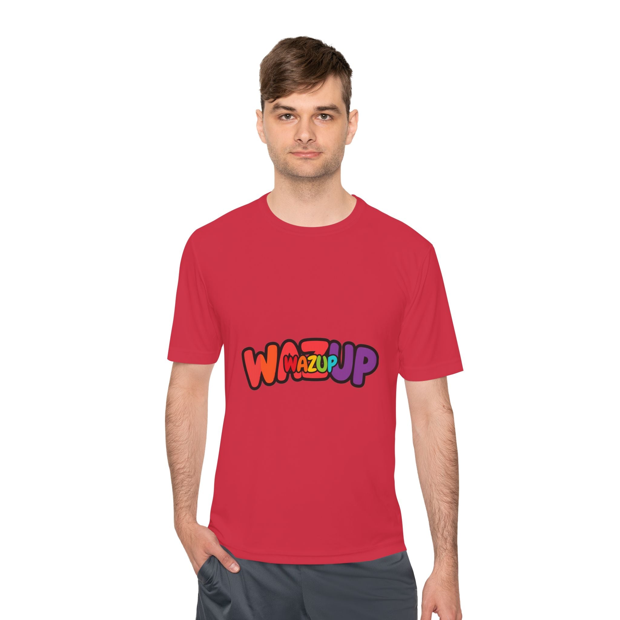 Wazup Colorblock Graphic Tee — Retro Pop 'Wazup' Moisture-Wicking Shirt