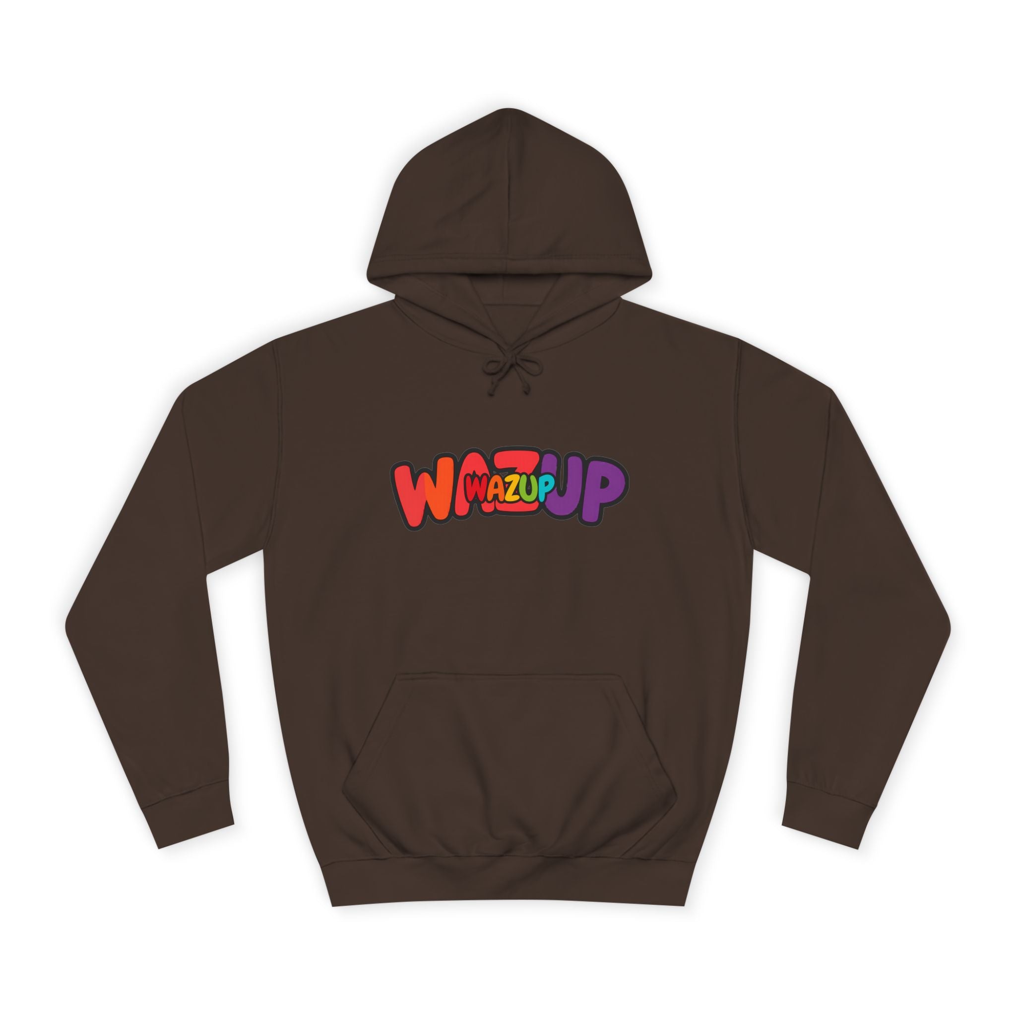 Wazup Colorburst Hoodie — Retro Bubble Letter Graphic Hooded Sweatshirt