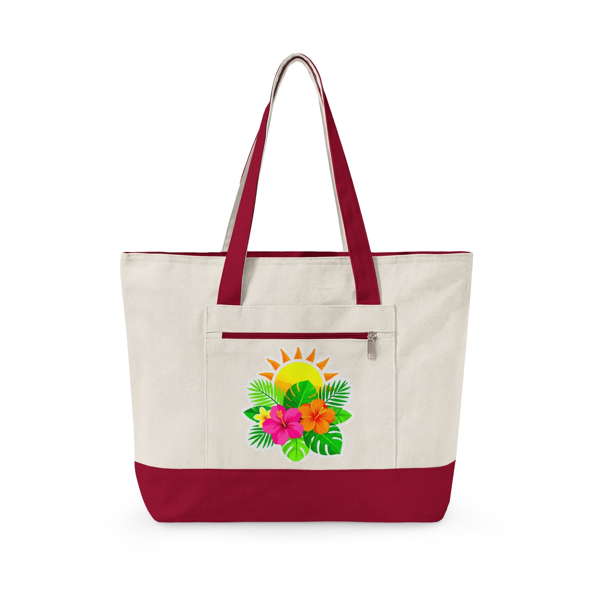 Tropical Sunrise Canvas Tote Bag — Zippered Beach Tote with Hibiscus & Palm Design
