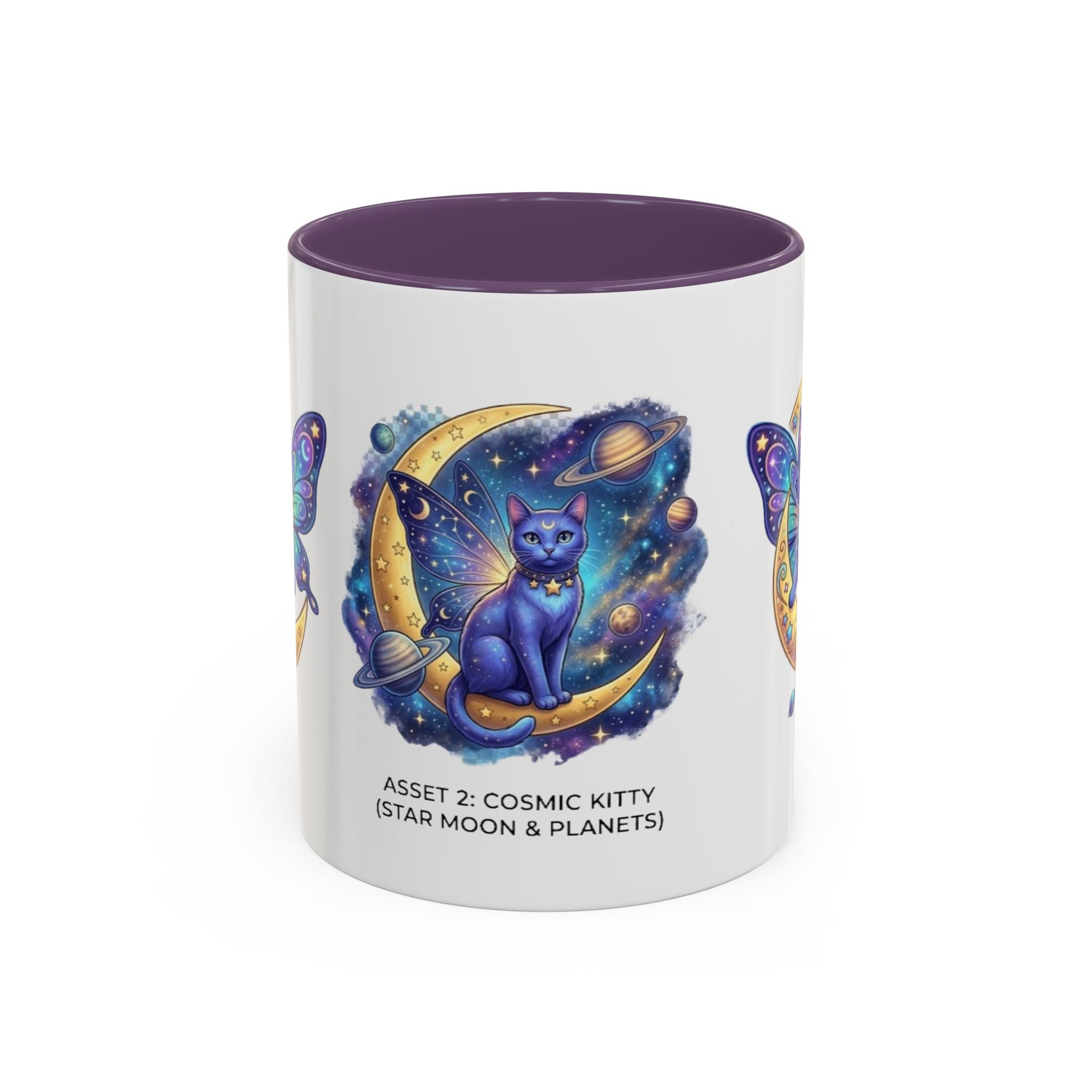 Cosmic Kitty Accent Coffee Mug — Magical Moon & Planets Cat Design (11/15oz)