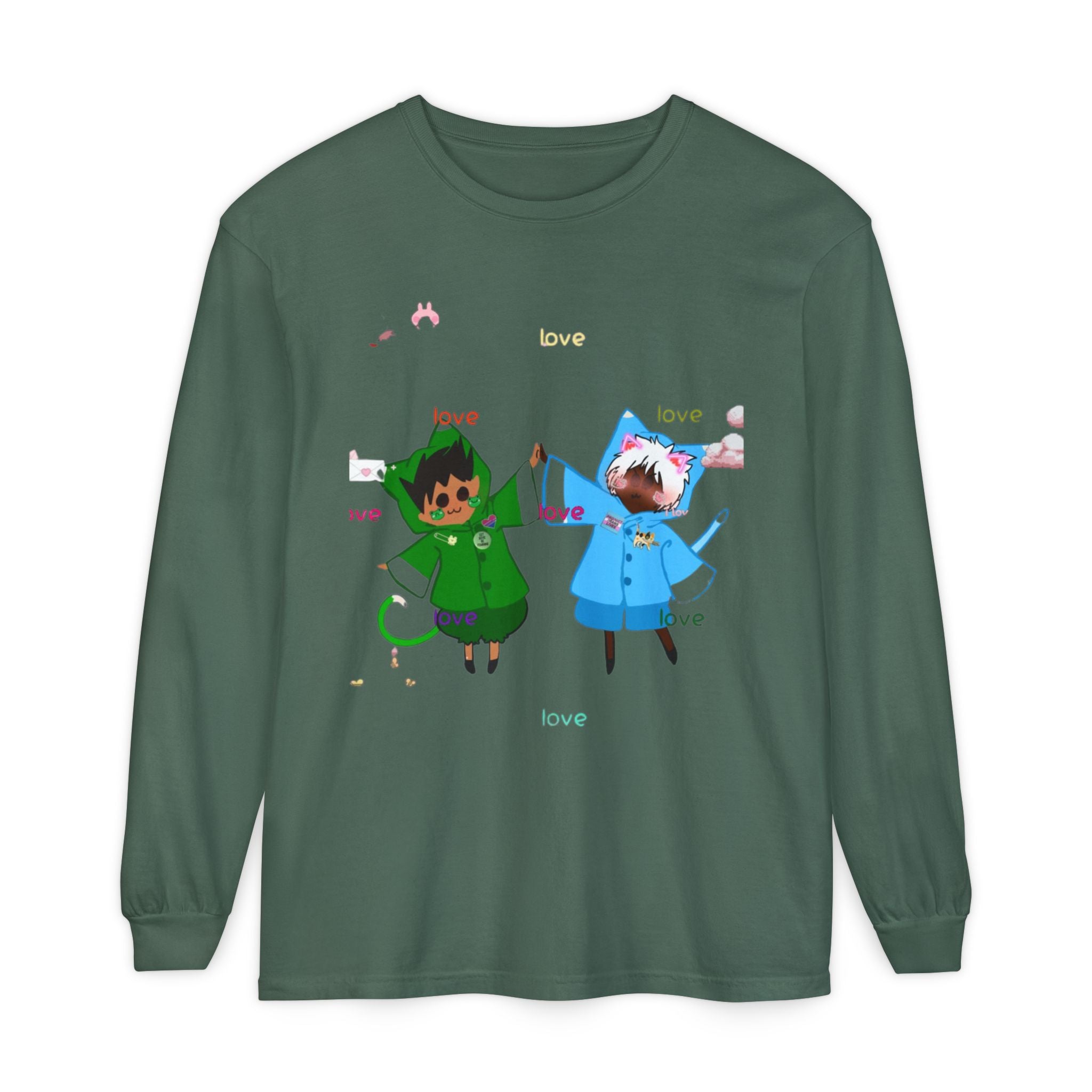 Cute Rainbow Cats Holding Hands Long Sleeve Tee – "Love" Graphic