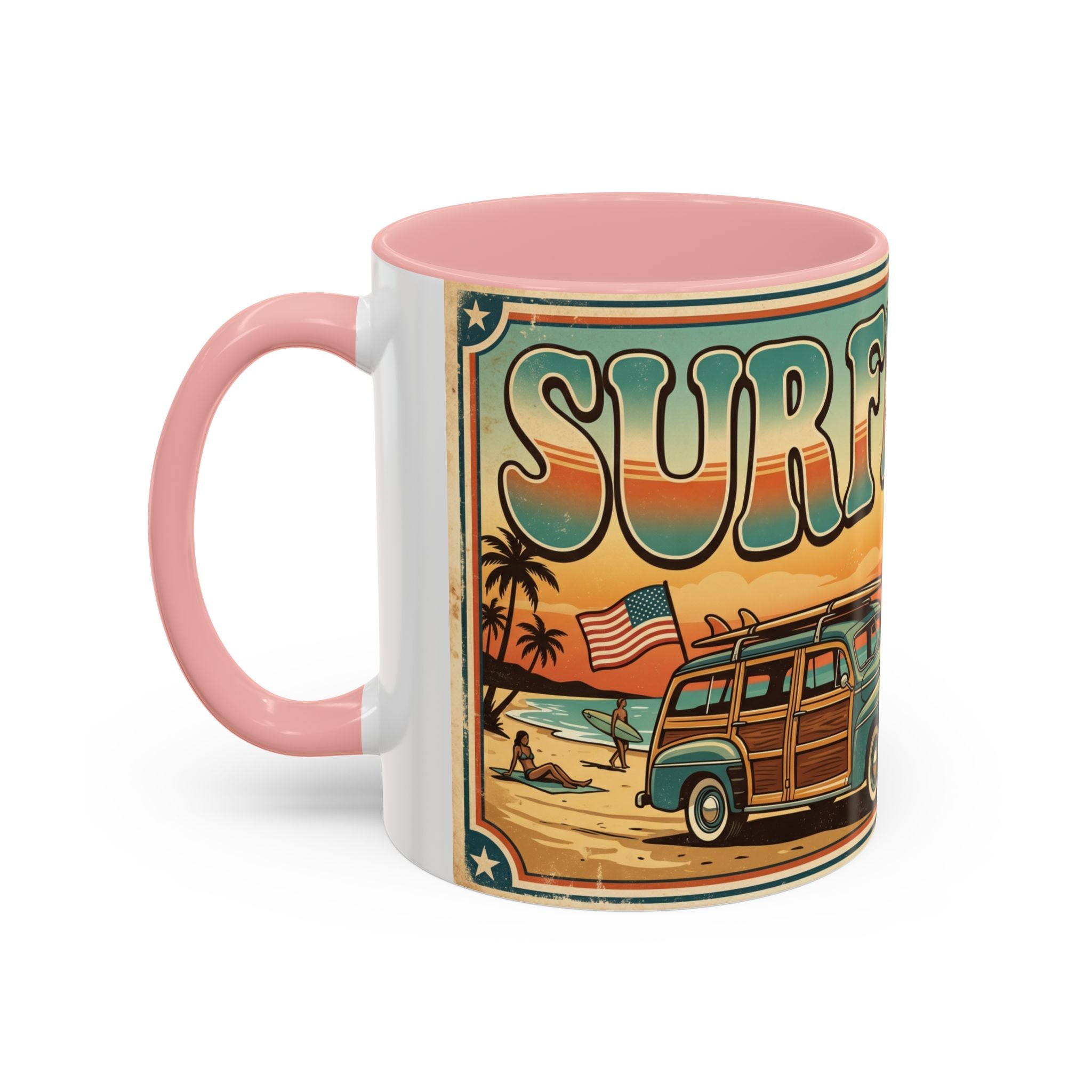 Surfing USA Coffee Mug — Retro Beach Vintage Surfboard Sunset Design