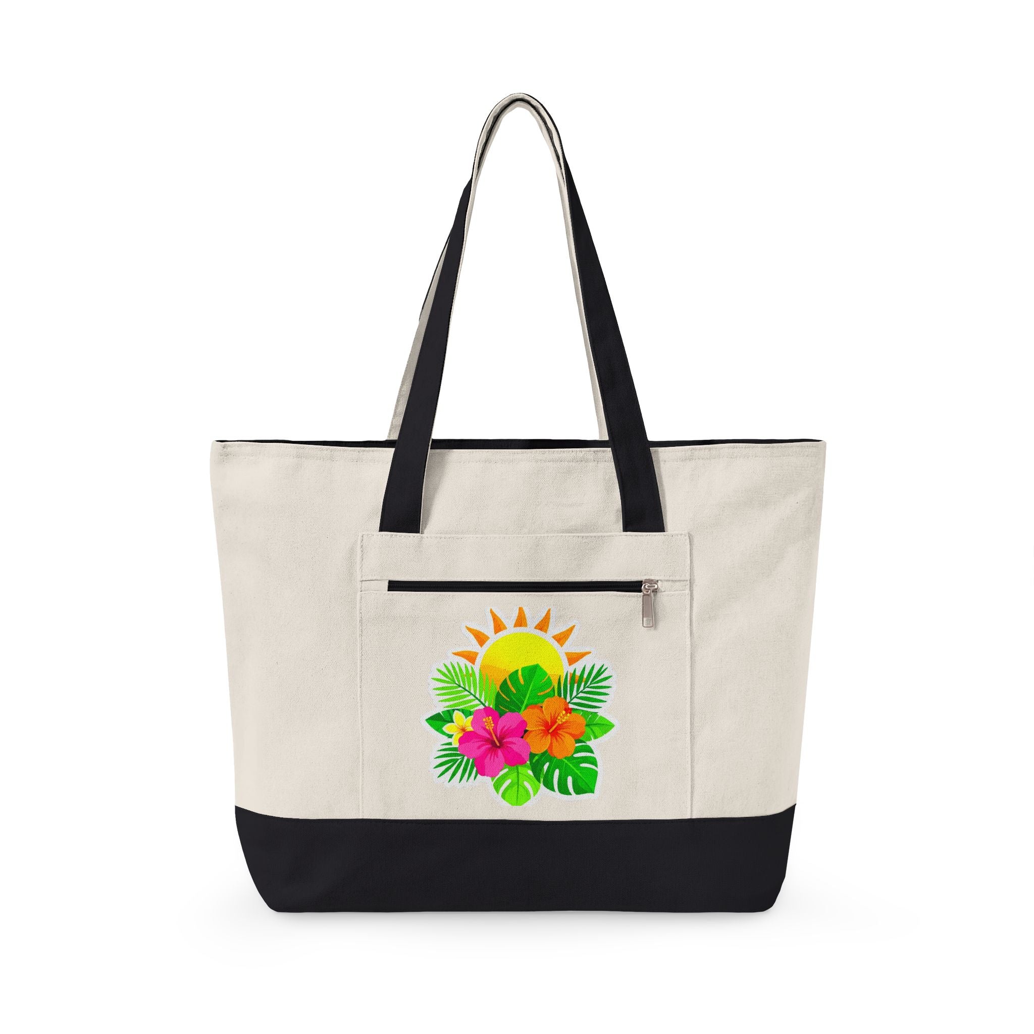 Tropical Sunrise Canvas Tote Bag — Zippered Beach Tote with Hibiscus & Palm Design
