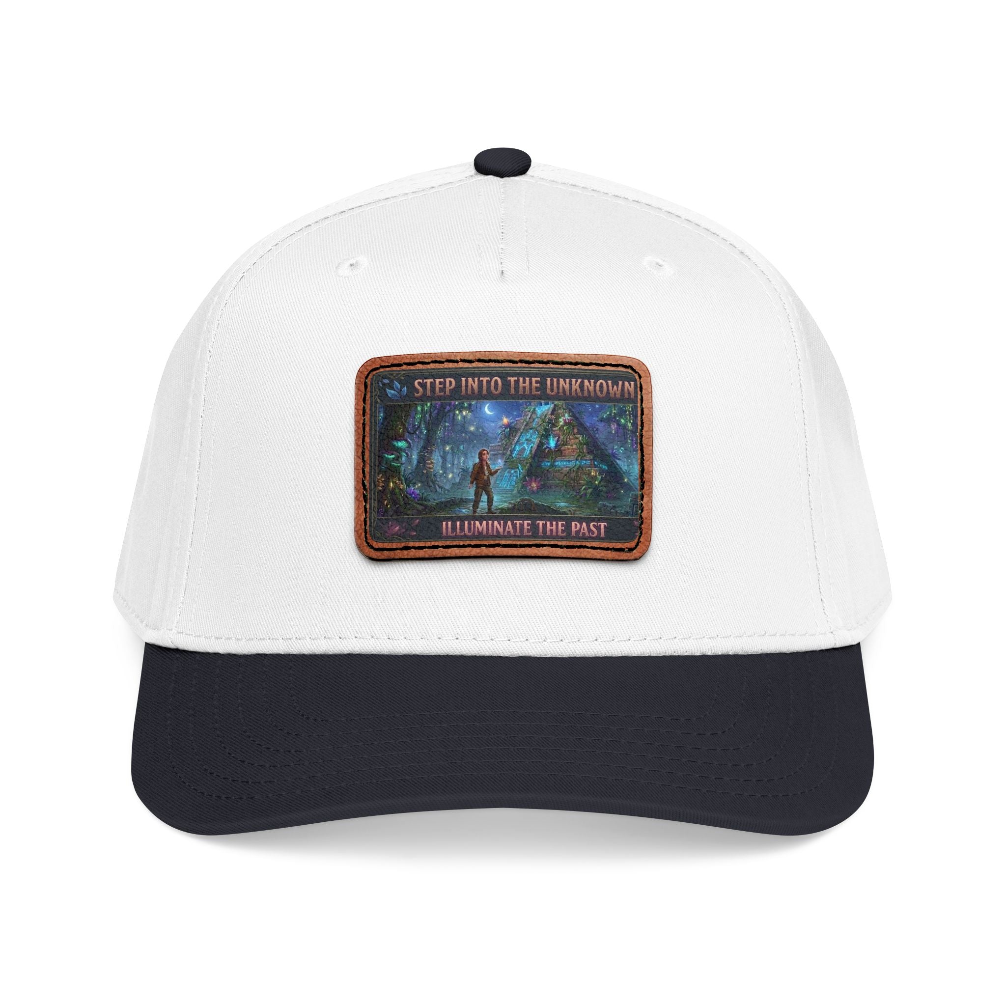 Leather Patch Baseball Cap — "Step Into the Unknown, Illuminate the Past" Forest Adventure Design