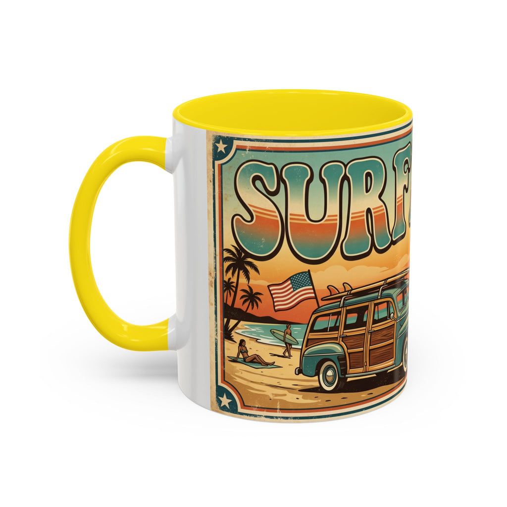 Surfing USA Coffee Mug — Retro Beach Vintage Surfboard Sunset Design