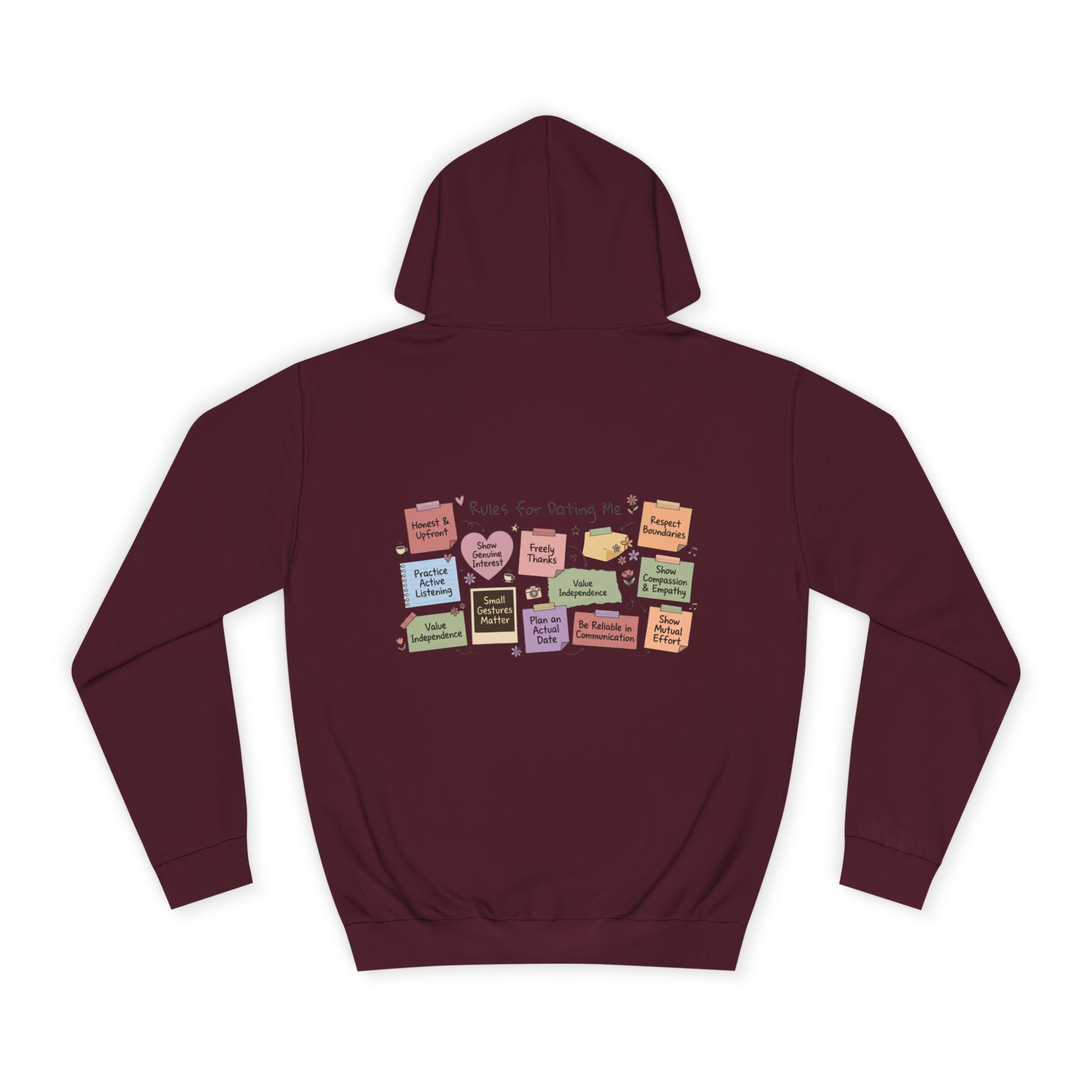College Hoodie — Retro Sticky Notes Back Print, Cute Study Vibes