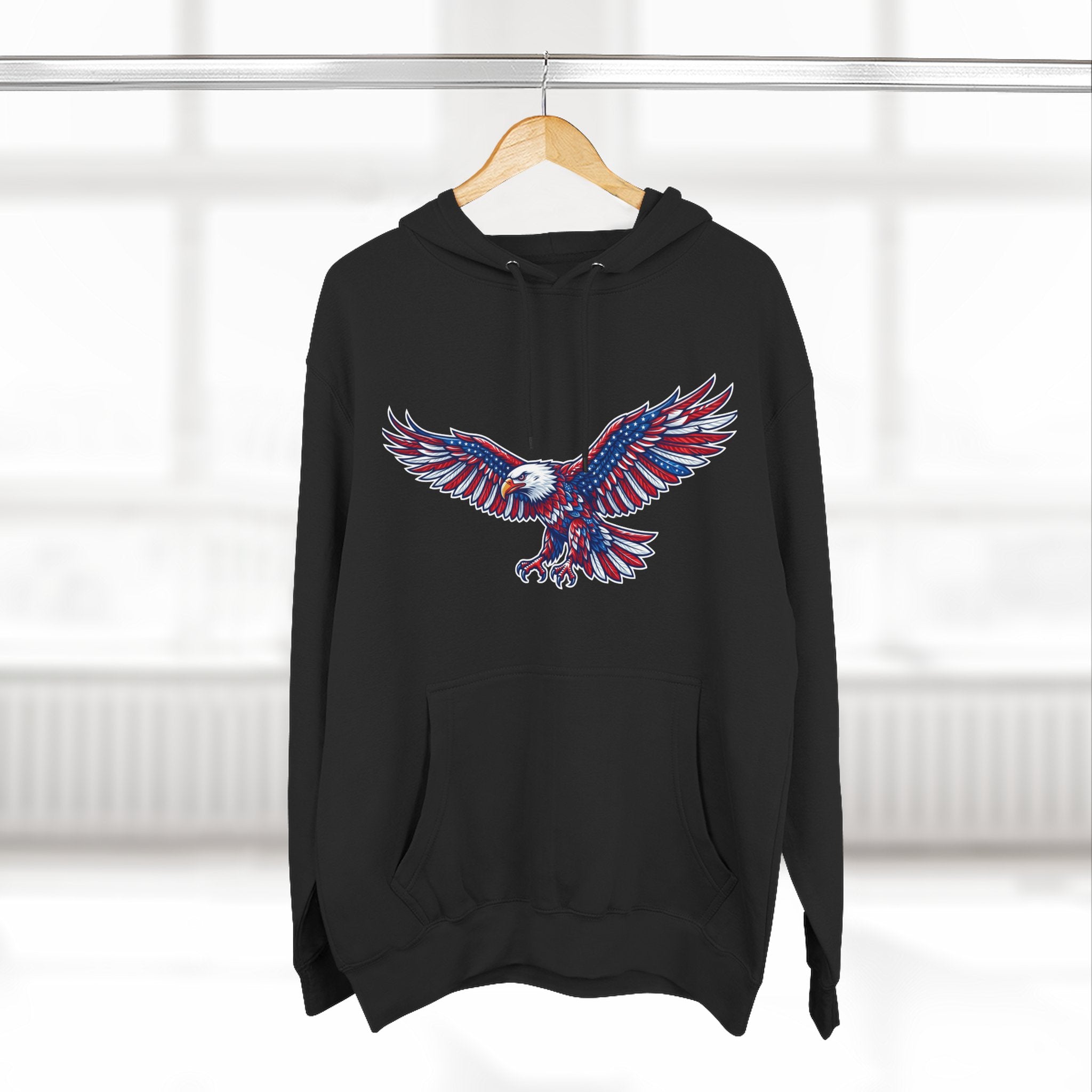 Eagle Flight Hoodie — Patriotic Red & Blue Soaring Eagle Graphic