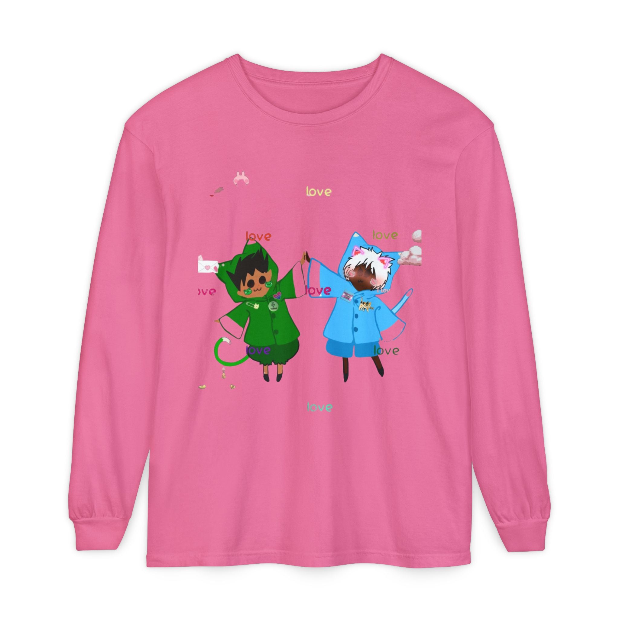 Cute Rainbow Cats Holding Hands Long Sleeve Tee – "Love" Graphic