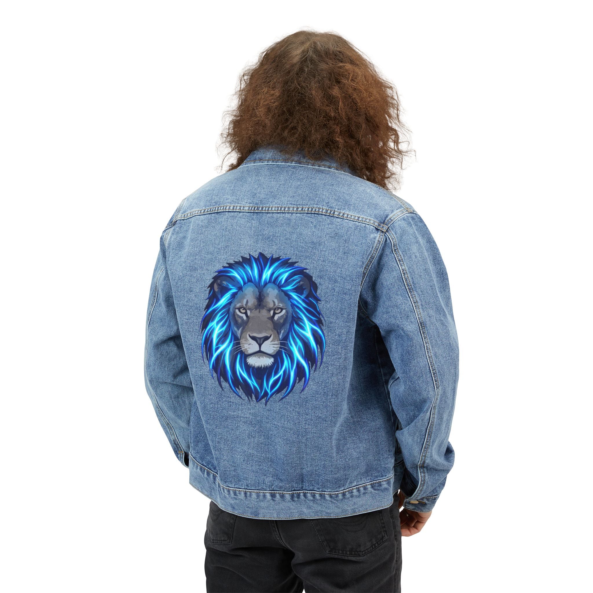 Men's Denim Jacket with Blue Neon Lion Back Graphic