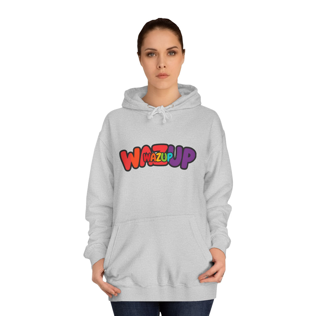 Wazup Colorburst Hoodie — Retro Bubble Letter Graphic Hooded Sweatshirt