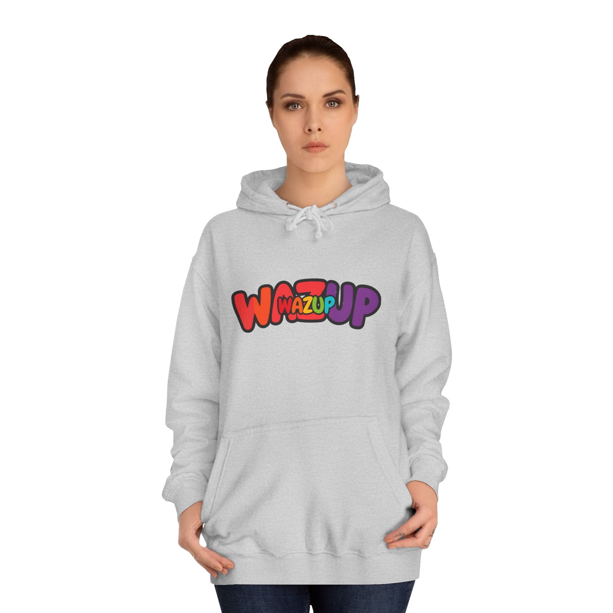 Wazup Colorburst Hoodie — Retro Bubble Letter Graphic Hooded Sweatshirt