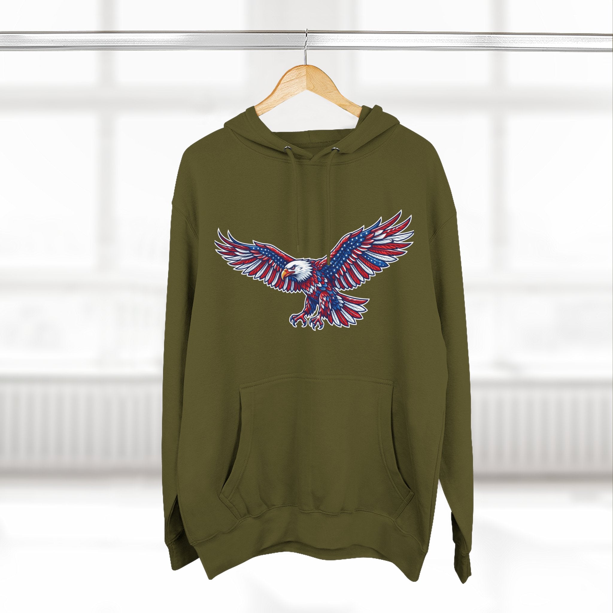 Eagle Flight Hoodie — Patriotic Red & Blue Soaring Eagle Graphic