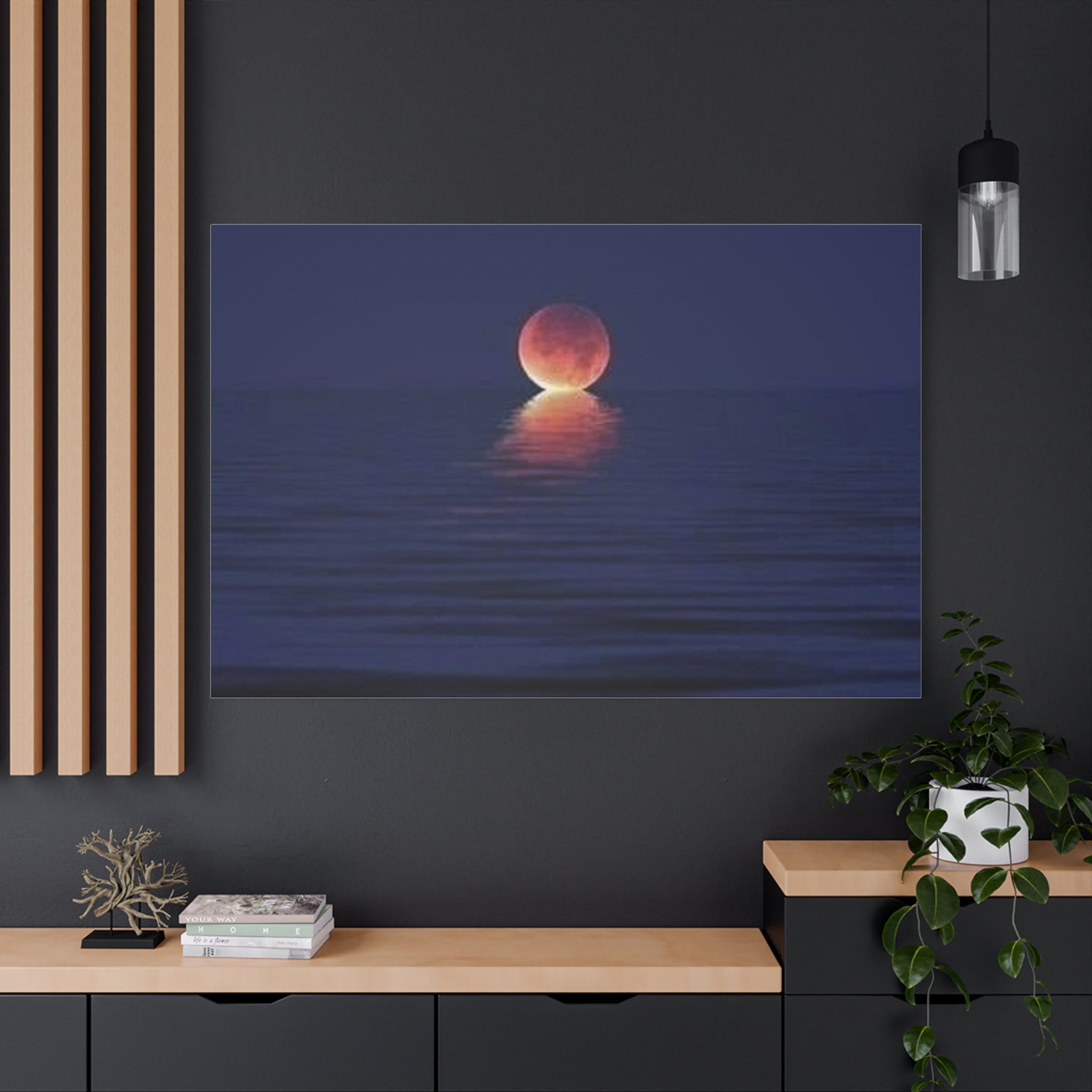 Lunar Reflection Canvas Art — Moonrise Over Calm Sea Stretched Matte Wall Art