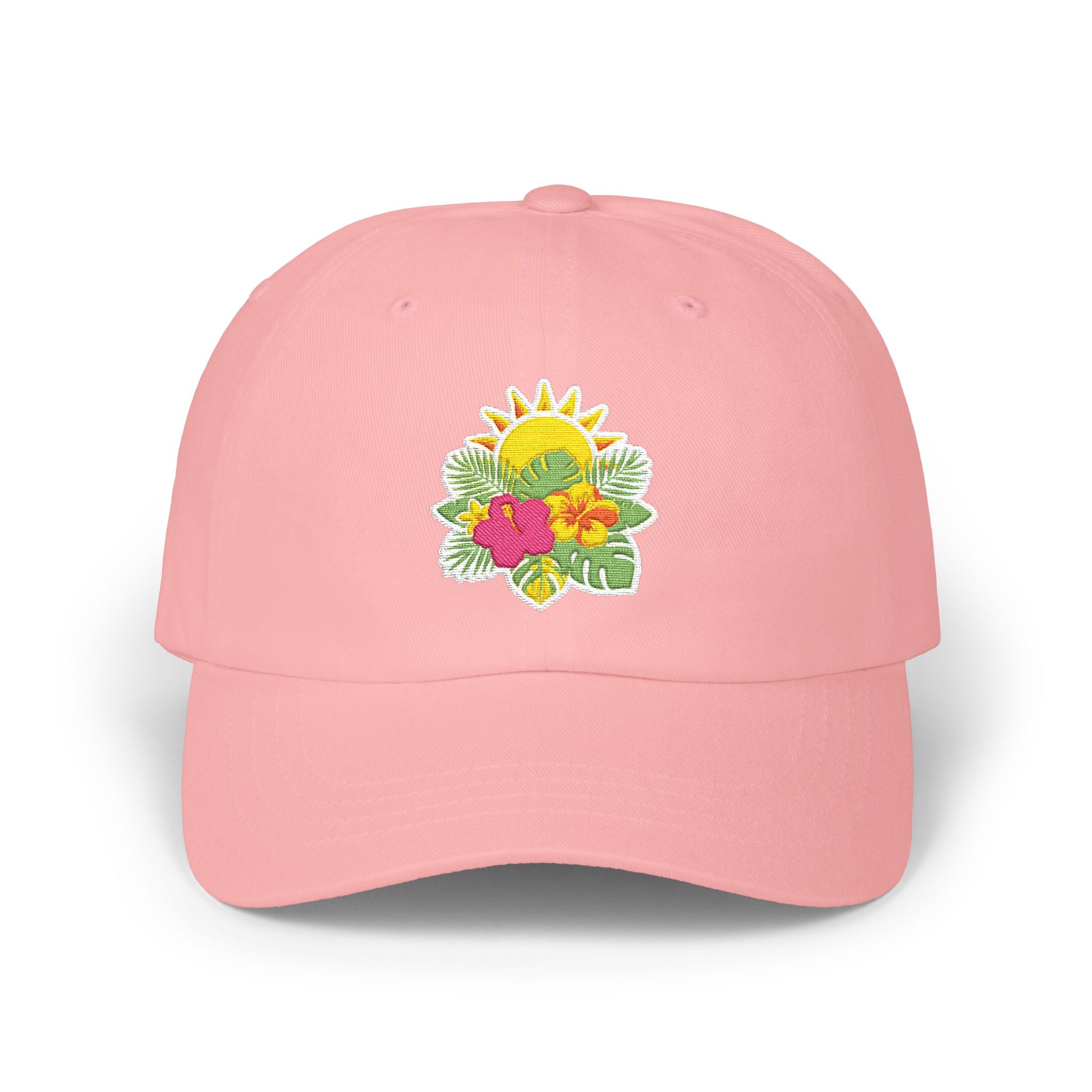 Floral Sunburst Dad Cap — Embroidered Sun & Hibiscus Baseball Hat