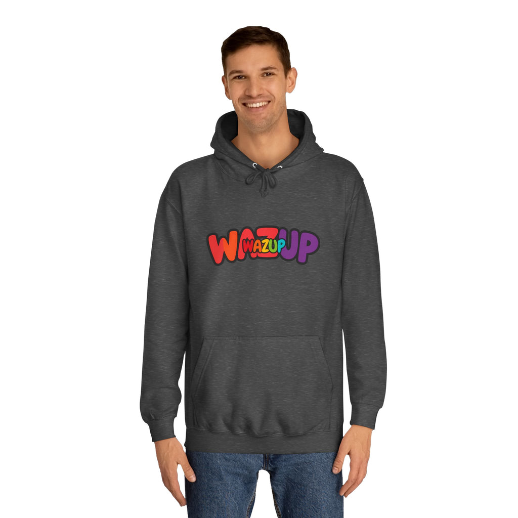 Wazup Colorburst Hoodie — Retro Bubble Letter Graphic Hooded Sweatshirt
