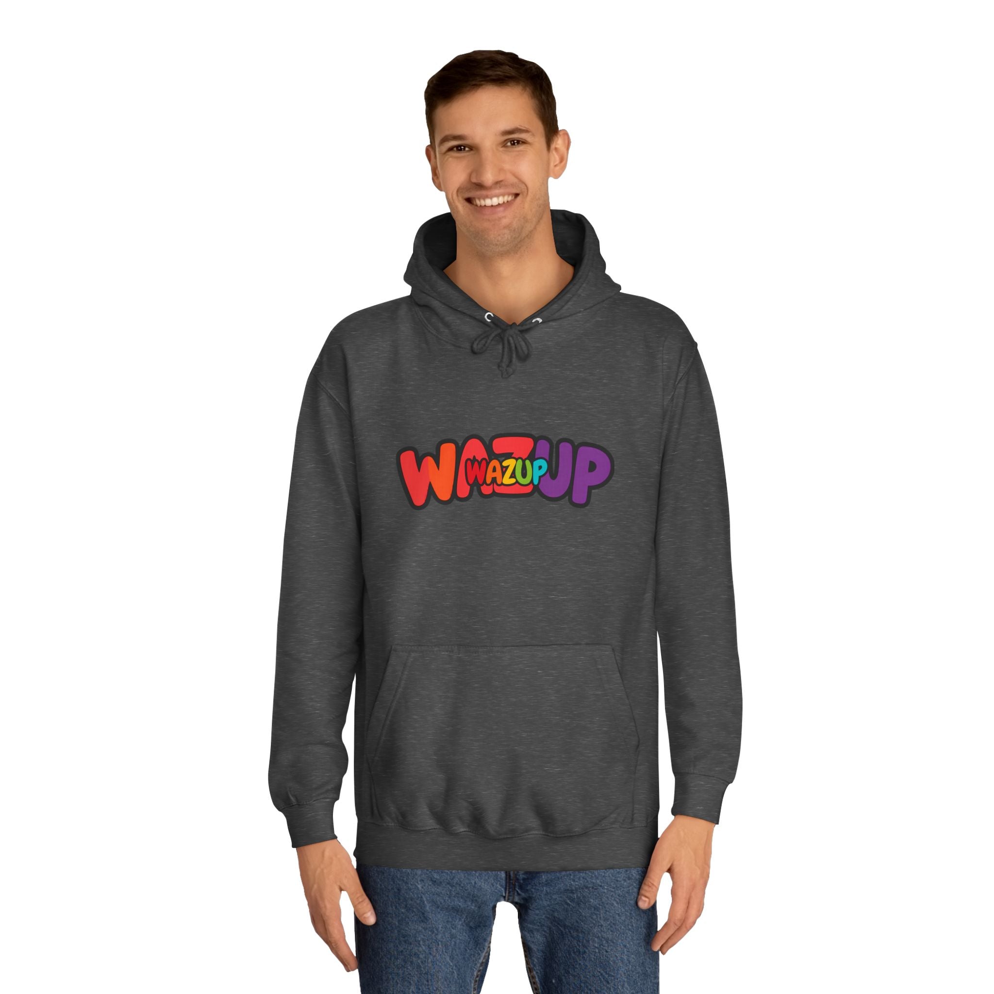 Wazup Colorburst Hoodie — Retro Bubble Letter Graphic Hooded Sweatshirt