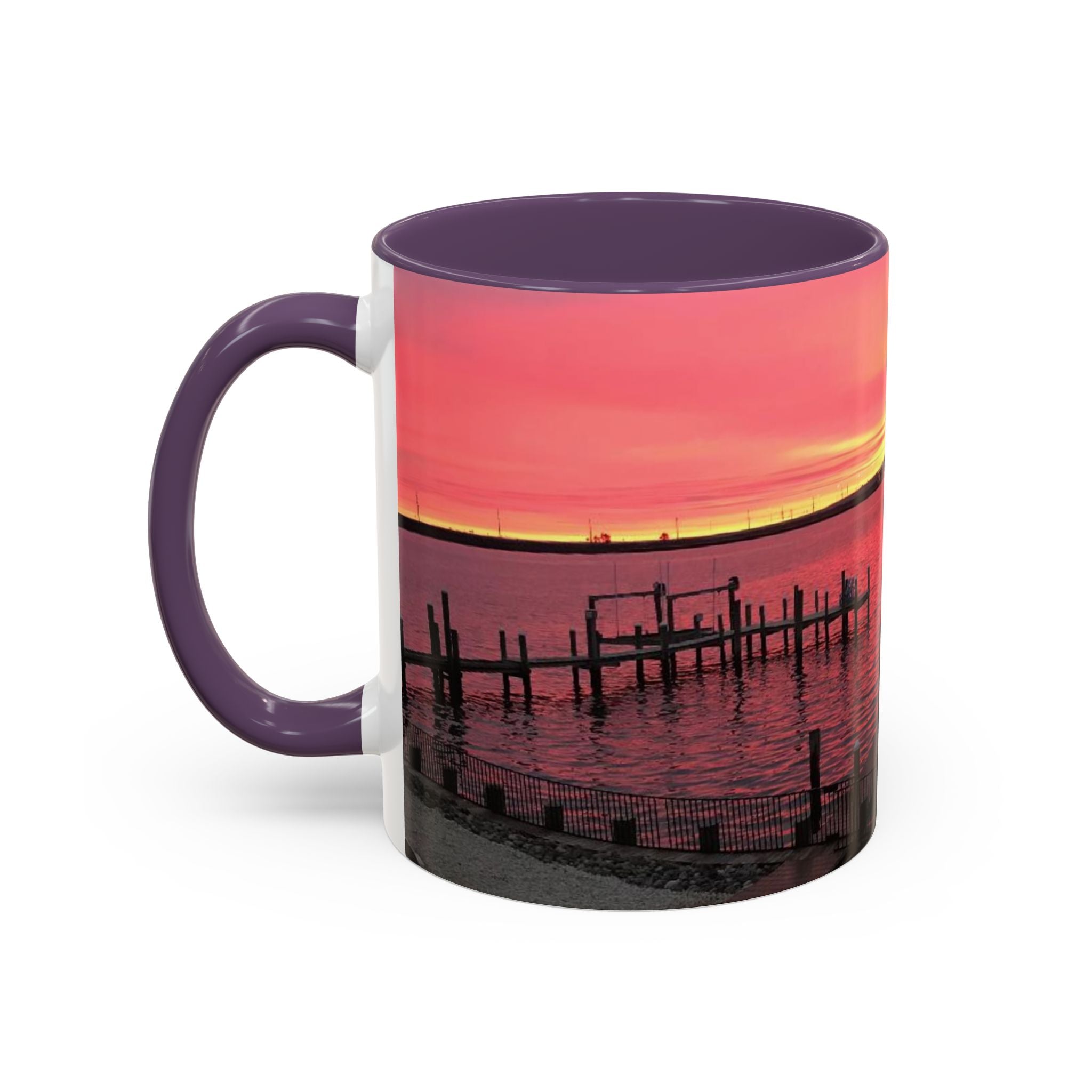 Sunset Harbor Accent Coffee Mug — Pink Sunrise Dock Scene (11/15oz)