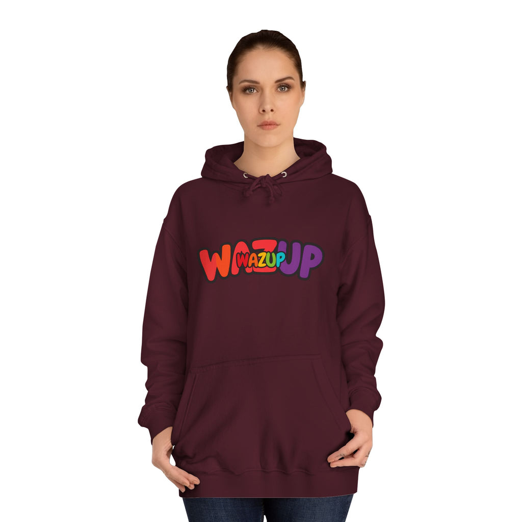 Wazup Colorburst Hoodie — Retro Bubble Letter Graphic Hooded Sweatshirt