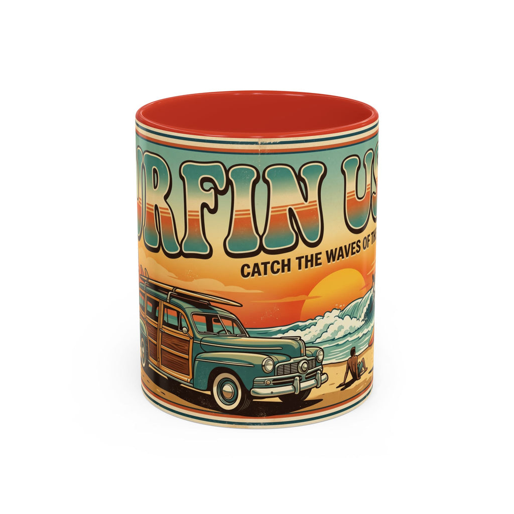 Surfing USA Coffee Mug — Retro Beach Vintage Surfboard Sunset Design