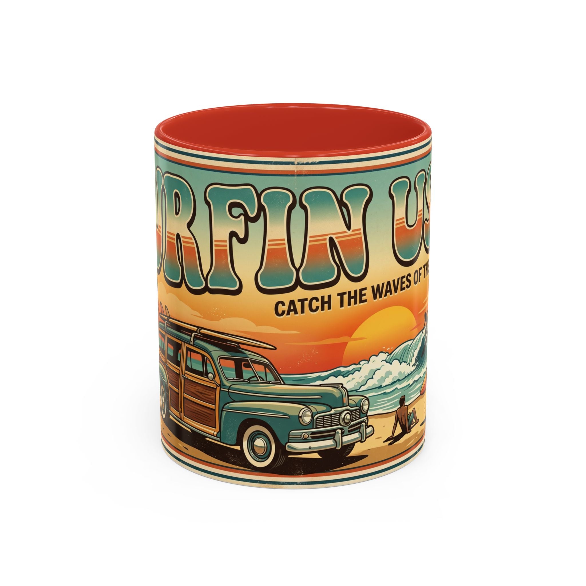 Surfing USA Coffee Mug — Retro Beach Vintage Surfboard Sunset Design