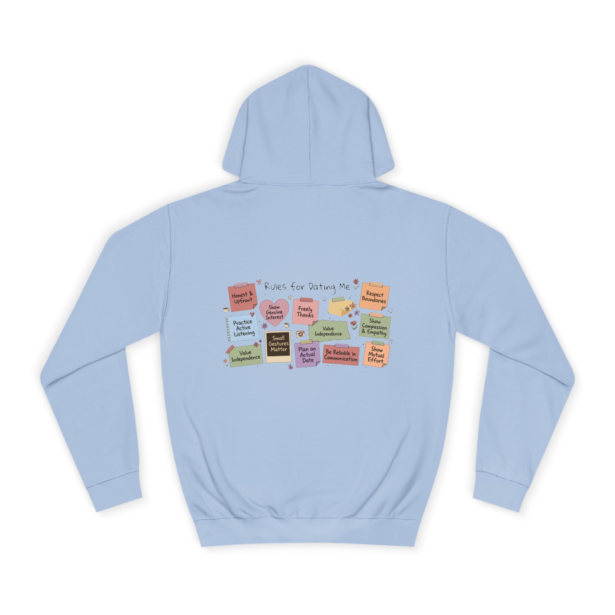 College Hoodie — Retro Sticky Notes Back Print, Cute Study Vibes