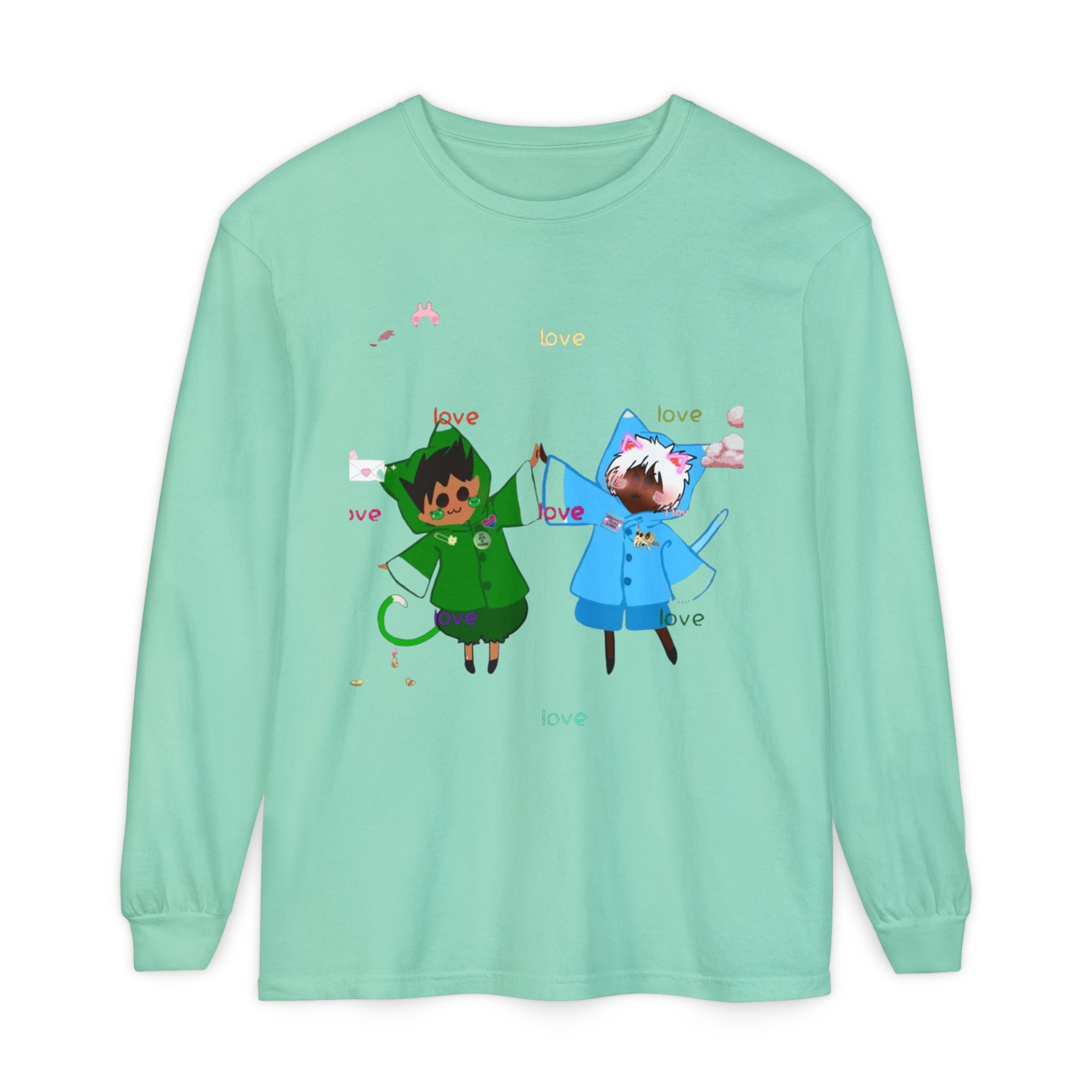 Cute Rainbow Cats Holding Hands Long Sleeve Tee – "Love" Graphic