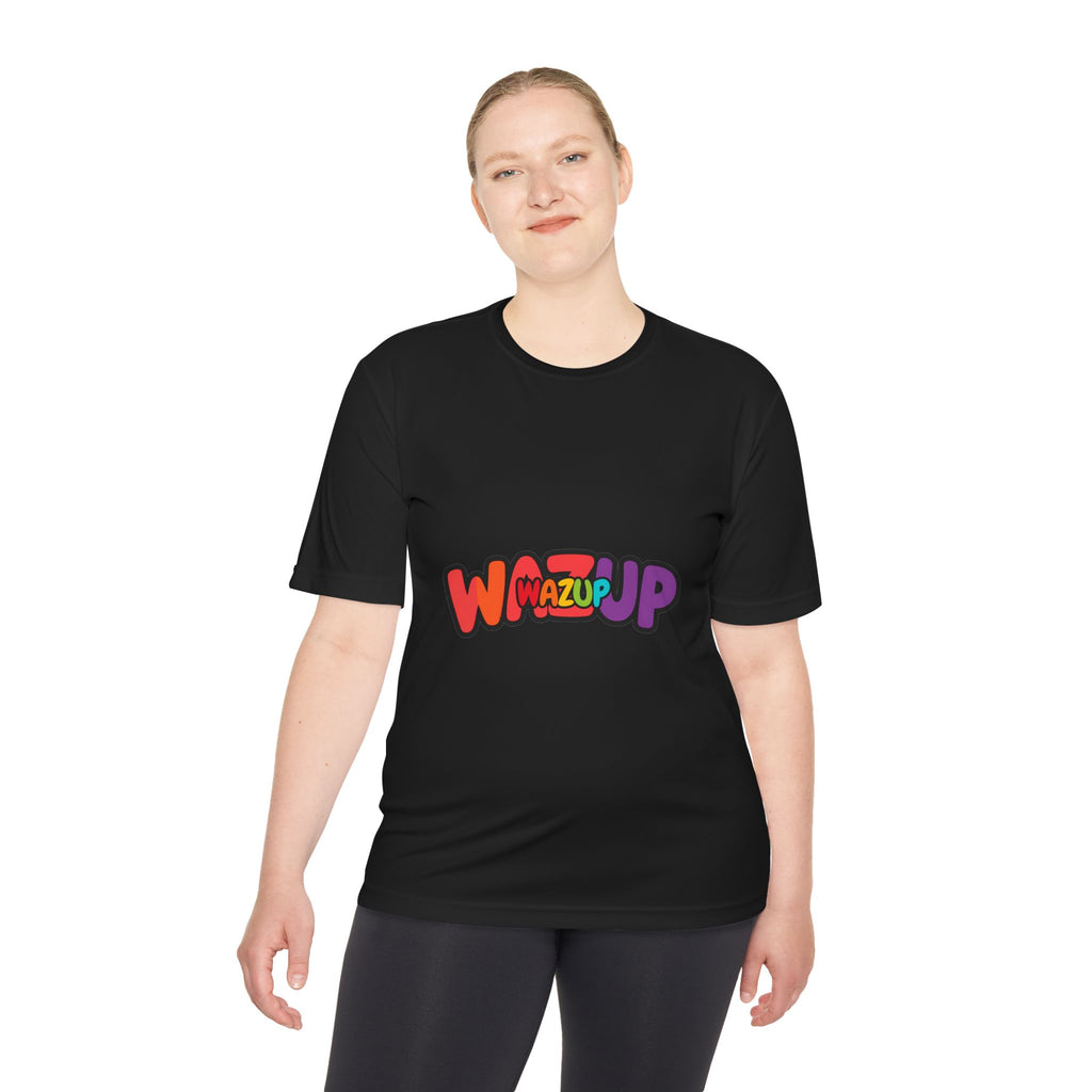Wazup Colorblock Graphic Tee — Retro Pop 'Wazup' Moisture-Wicking Shirt