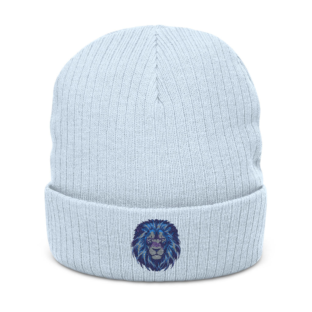 Embroidered Blue Lion Ribbed Beanie — Warm Knit Hat for Men & Women