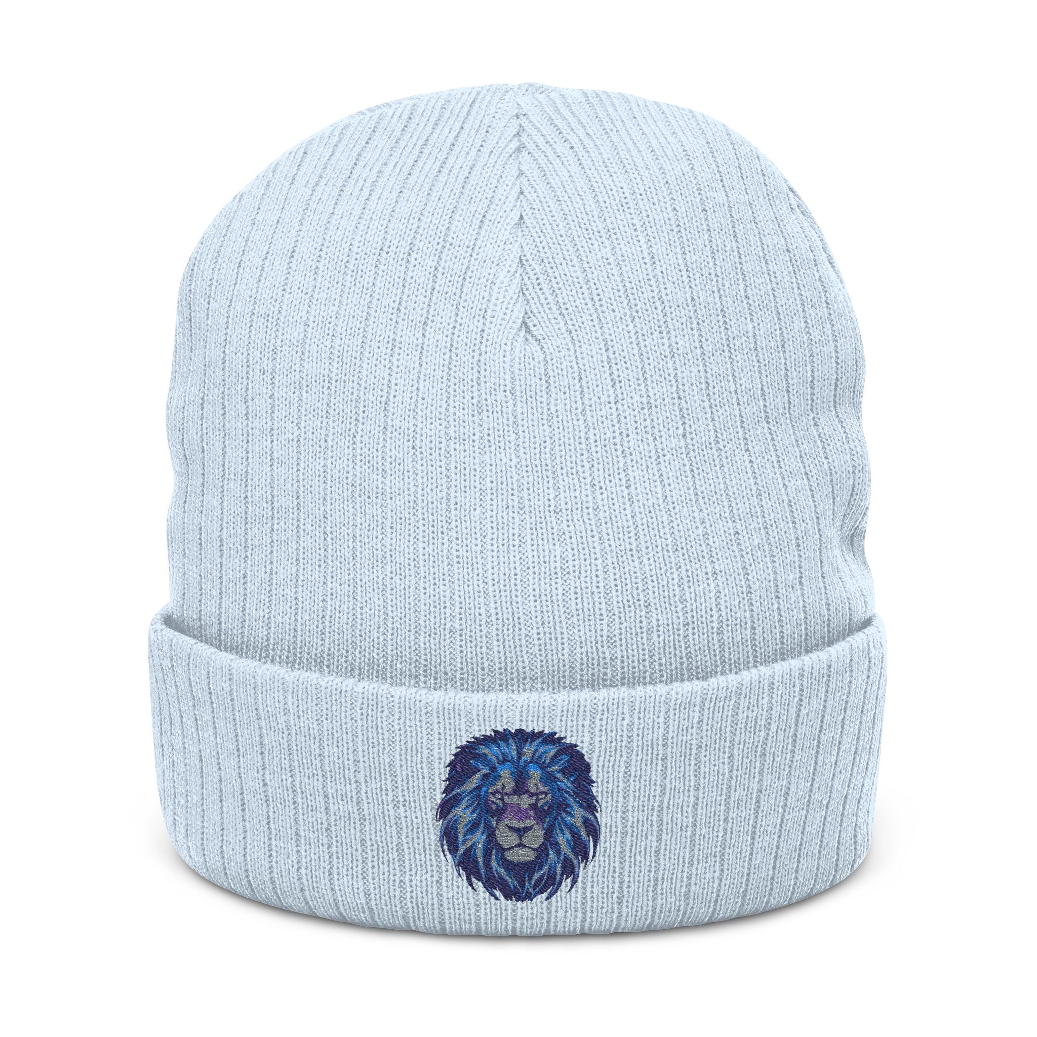 Embroidered Blue Lion Ribbed Beanie — Warm Knit Hat for Men & Women