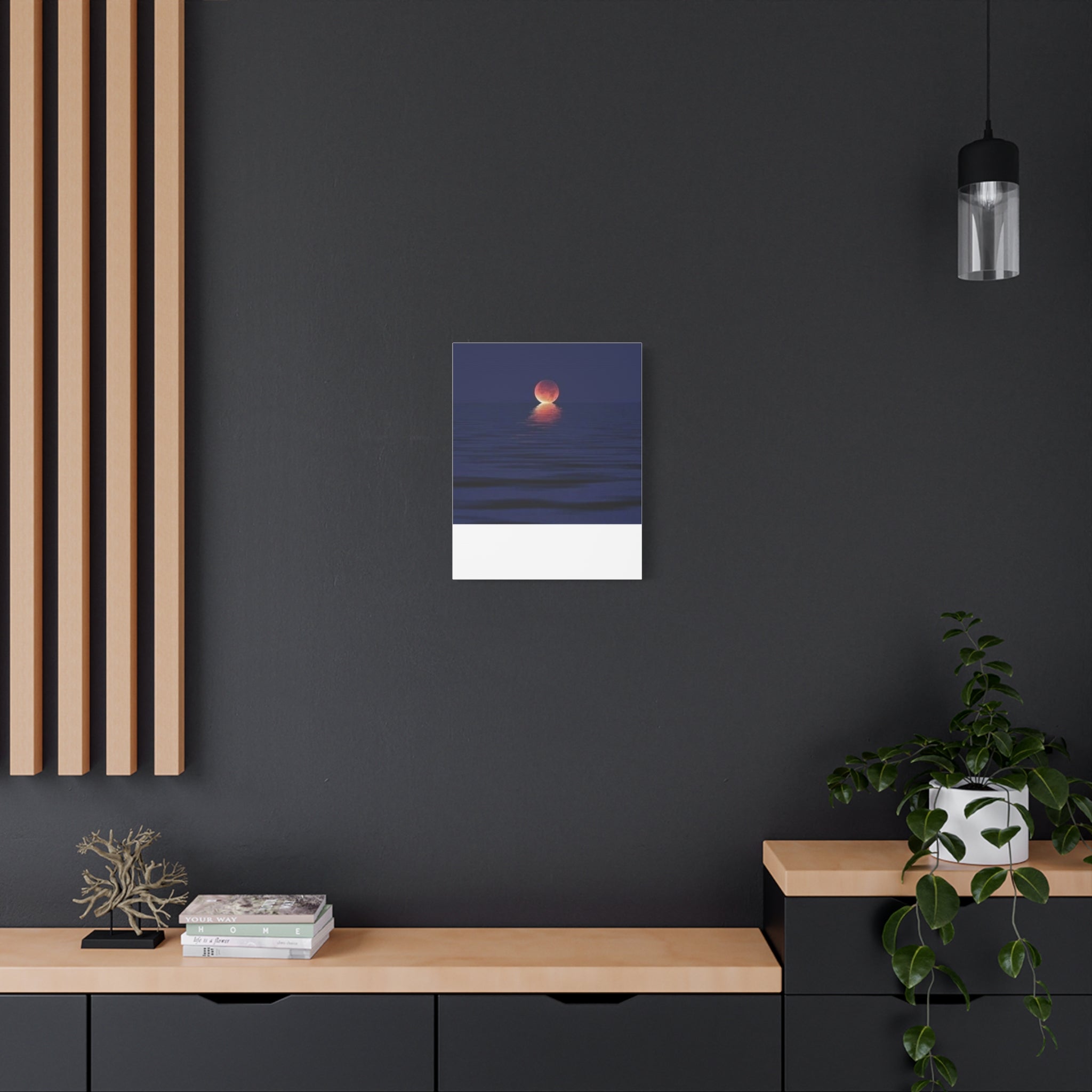 Lunar Reflection Canvas Art — Moonrise Over Calm Sea Stretched Matte Wall Art