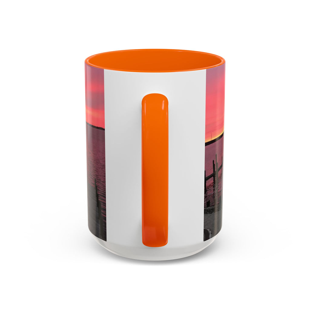 Sunset Harbor Accent Coffee Mug — Pink Sunrise Dock Scene (11/15oz)