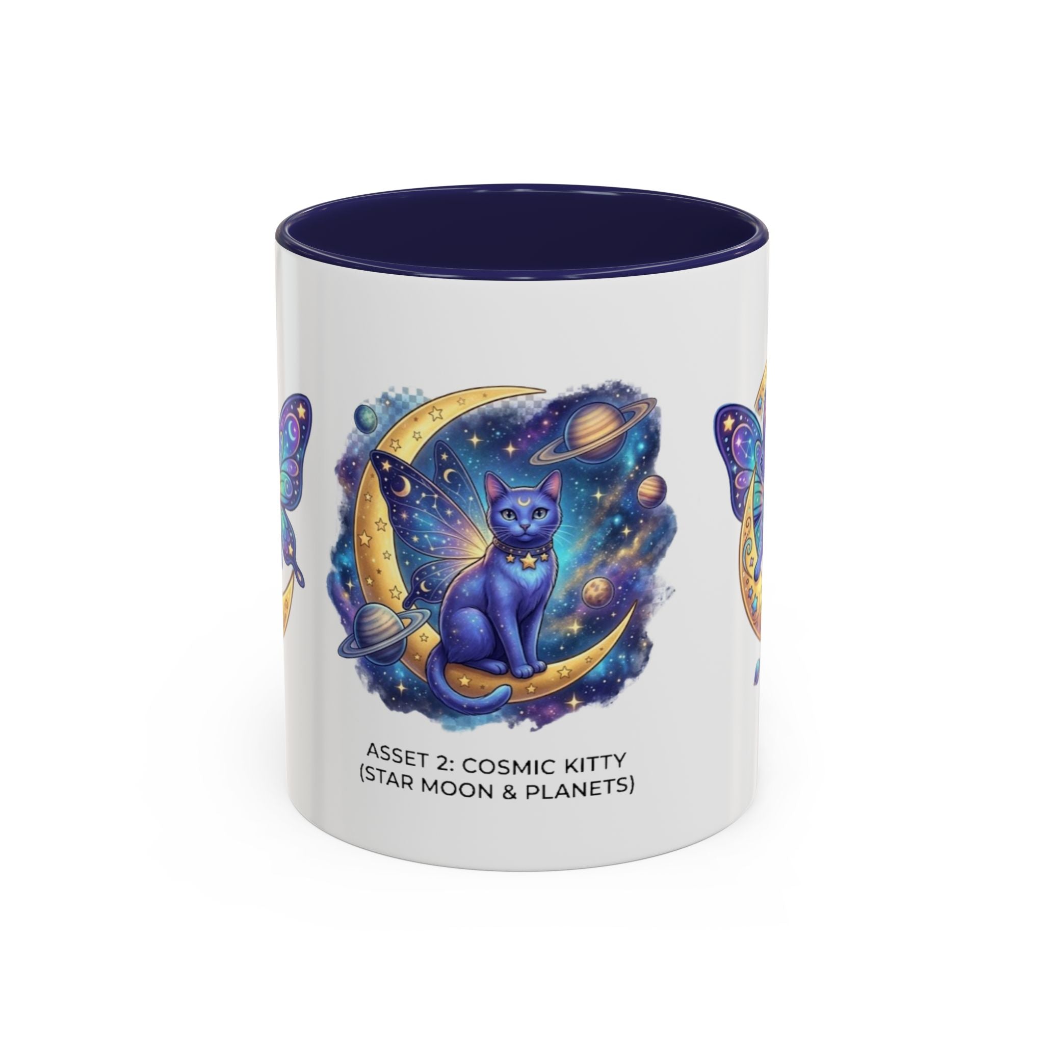 Cosmic Kitty Accent Coffee Mug — Magical Moon & Planets Cat Design (11/15oz)