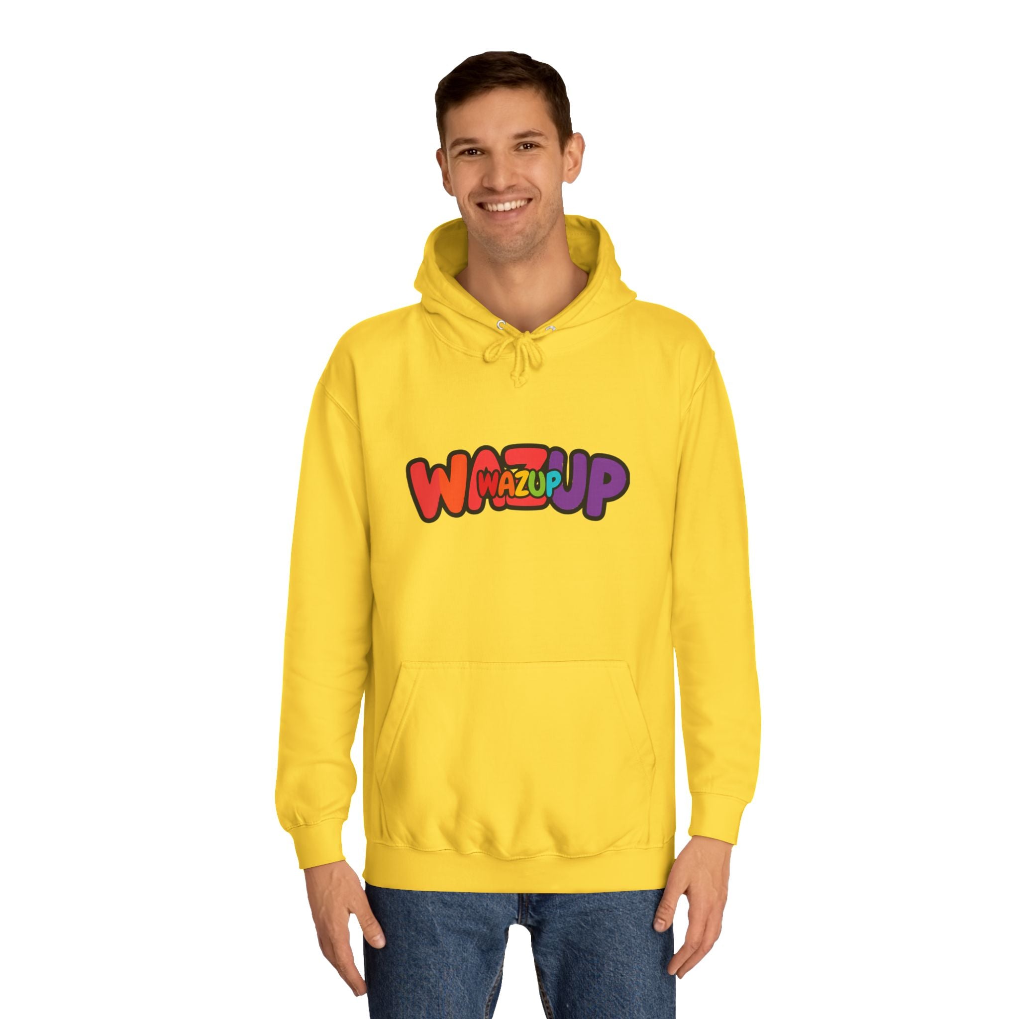 Wazup Colorburst Hoodie — Retro Bubble Letter Graphic Hooded Sweatshirt