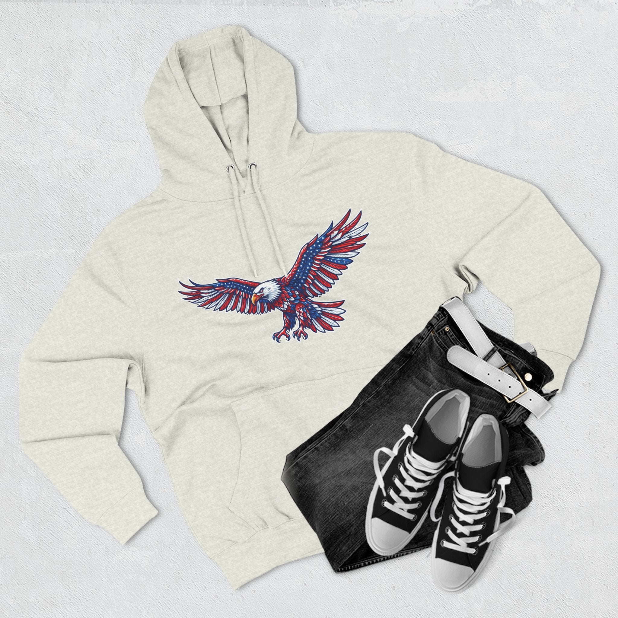 Eagle Flight Hoodie — Patriotic Red & Blue Soaring Eagle Graphic