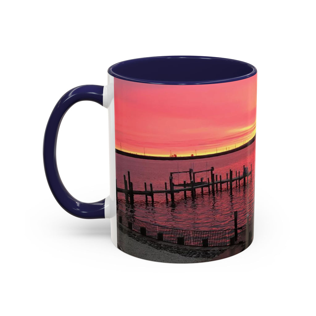 Sunset Harbor Accent Coffee Mug — Pink Sunrise Dock Scene (11/15oz)