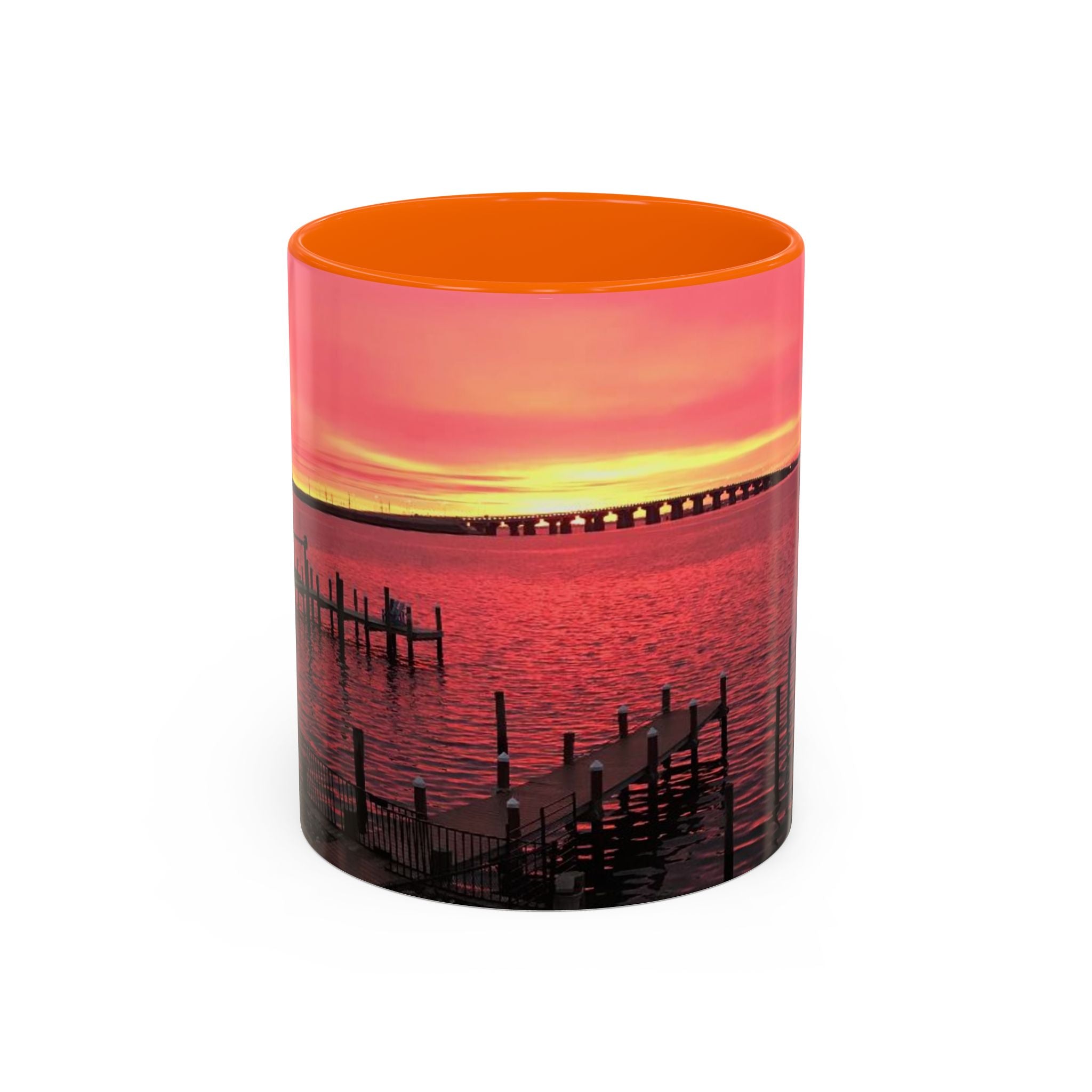 Sunset Harbor Accent Coffee Mug — Pink Sunrise Dock Scene (11/15oz)